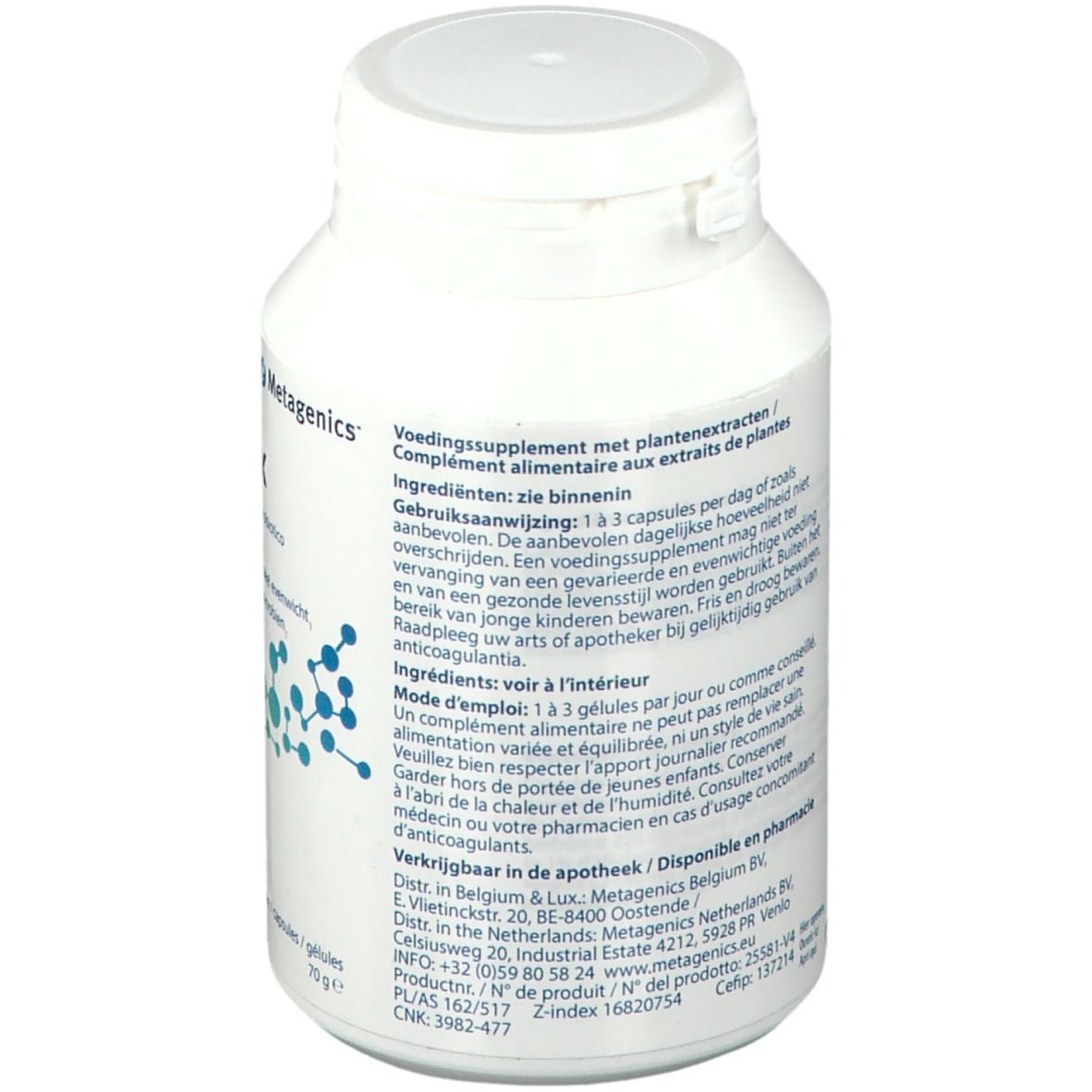 Retro di un flacone bianco. Testo multilingue. Ingredienti e istruzioni.