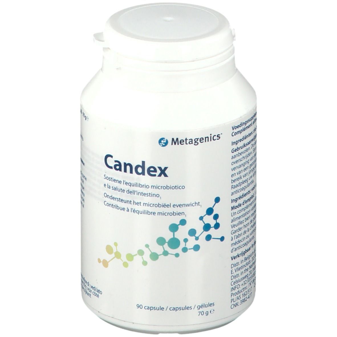 Contenitore bianco Candex Metagenics, 90 capsule. Testo multilingue.