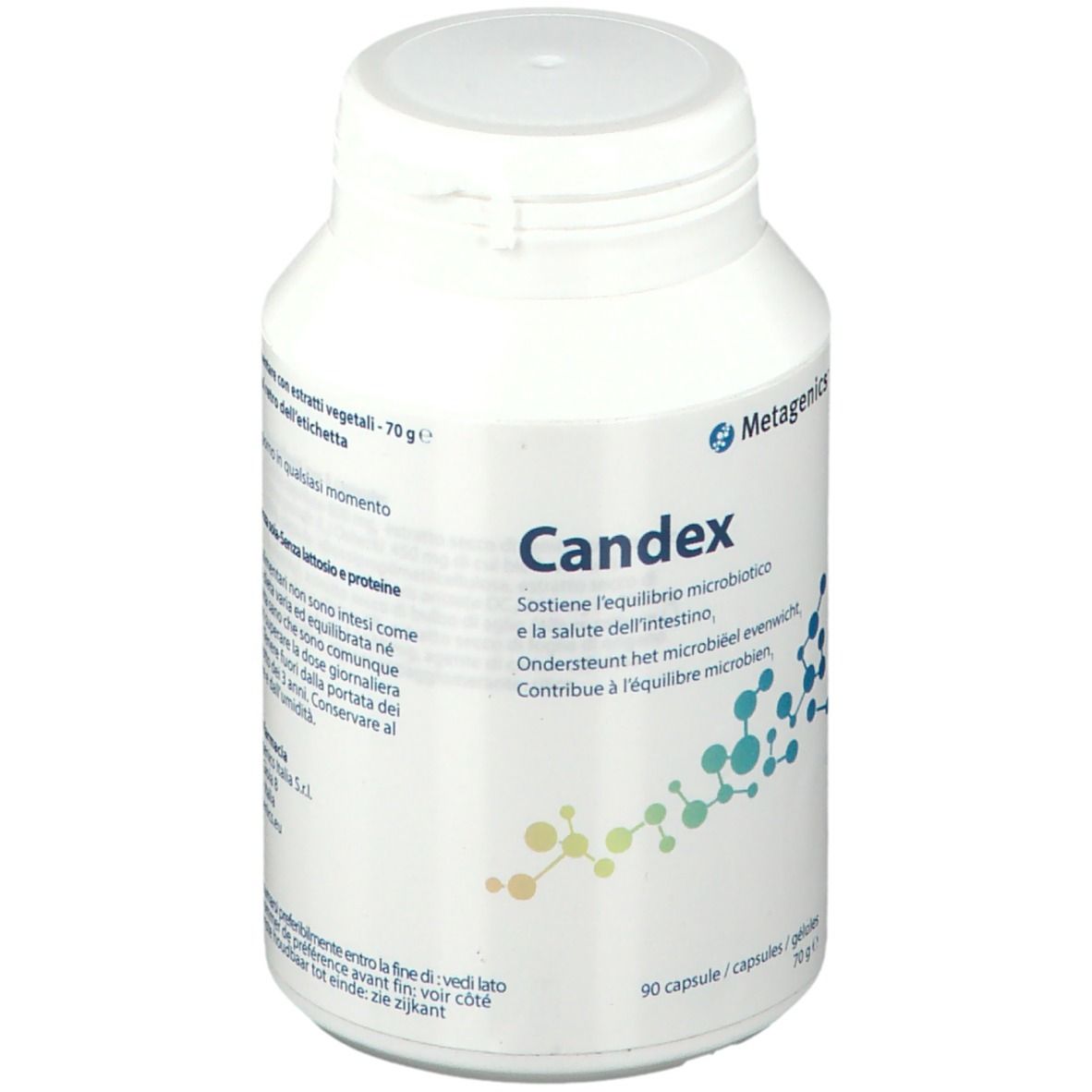 Contenitore bianco Candex Metagenics, 90 capsule. Testo multilingue.