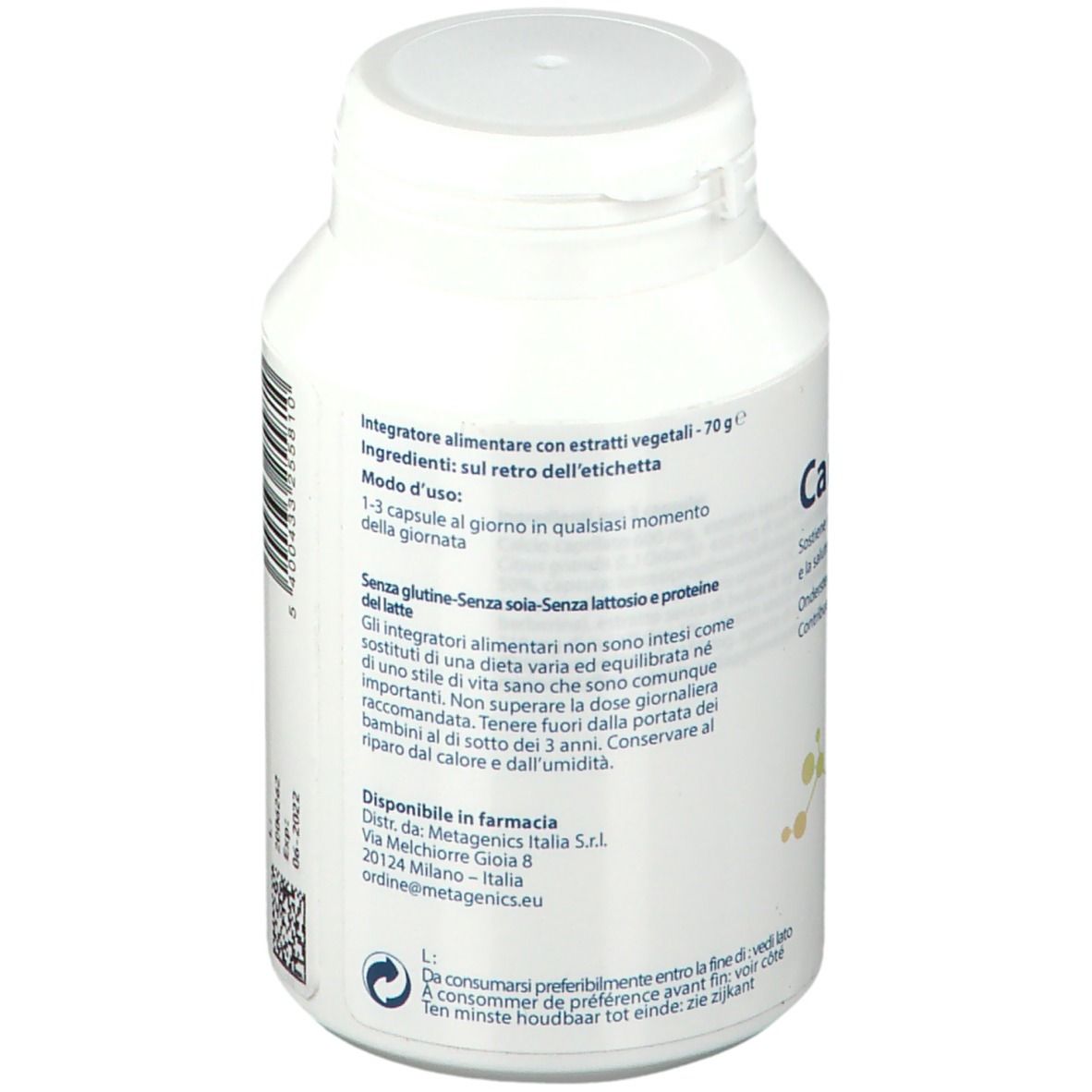 Retro di un flacone bianco. Testo multilingue. Ingredienti e istruzioni.