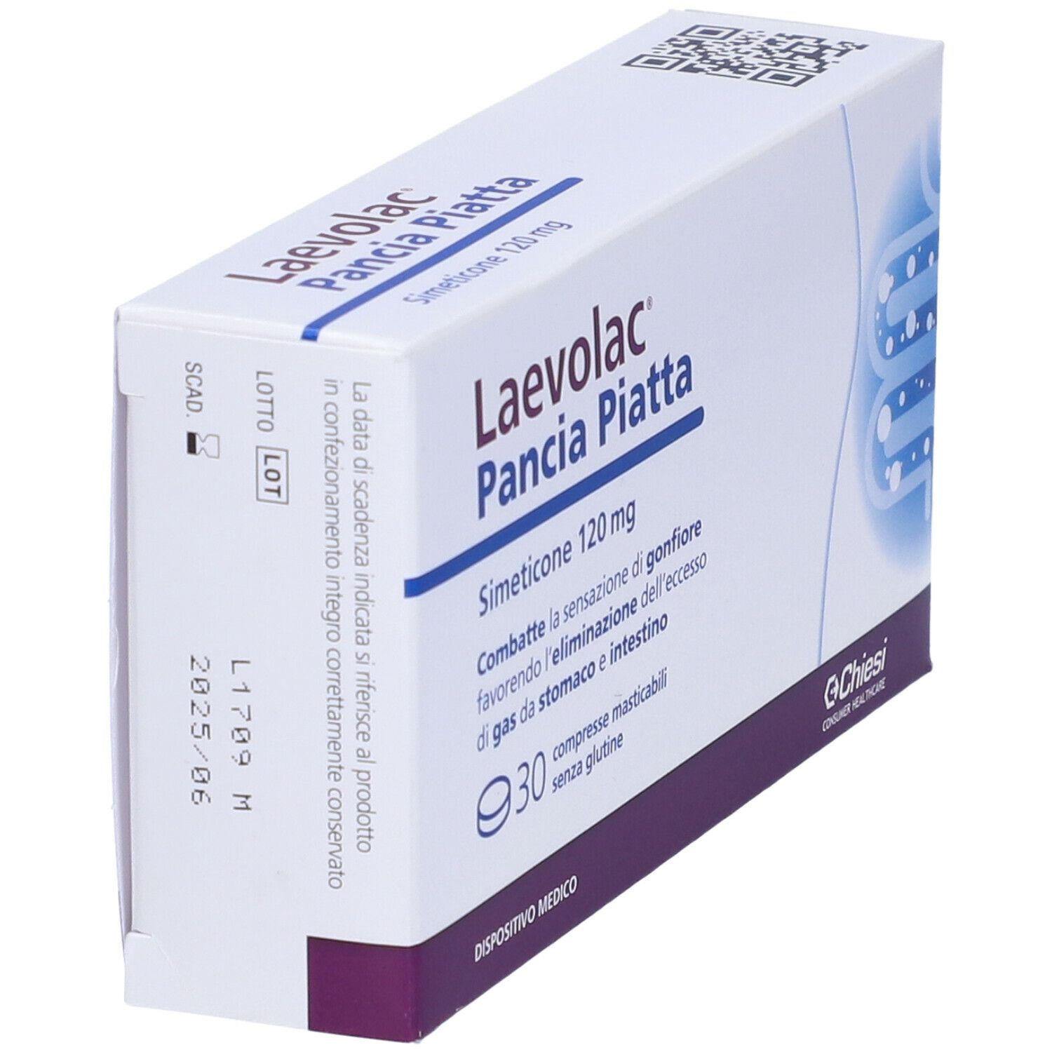 Scatola Laevolac Pancia Piatta. Vista laterale con testo e codice QR. Scritto: Simeticone 120 mg.