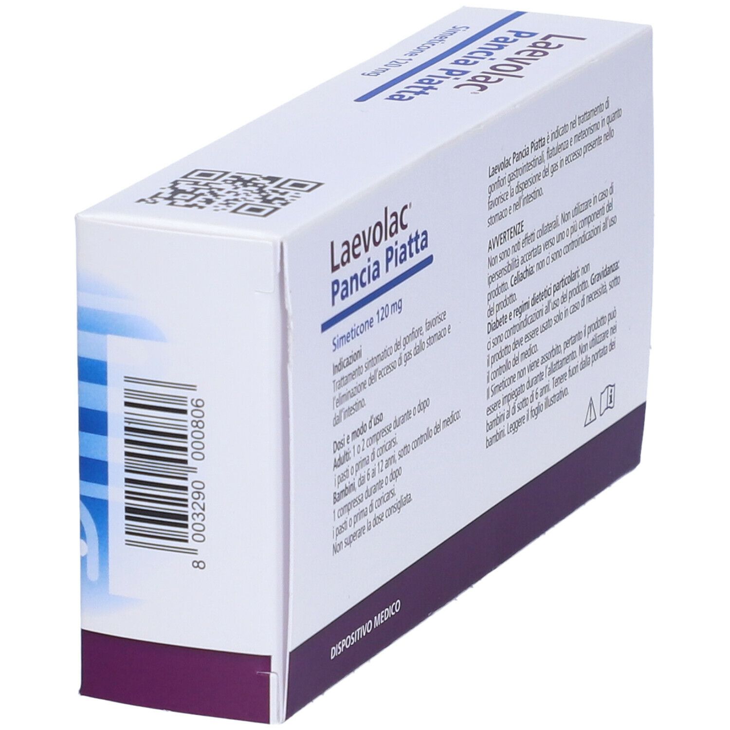 Scatola Laevolac Pancia Piatta. Vista laterale con testo e codice a barre. Scritto: Simeticone 120 mg.