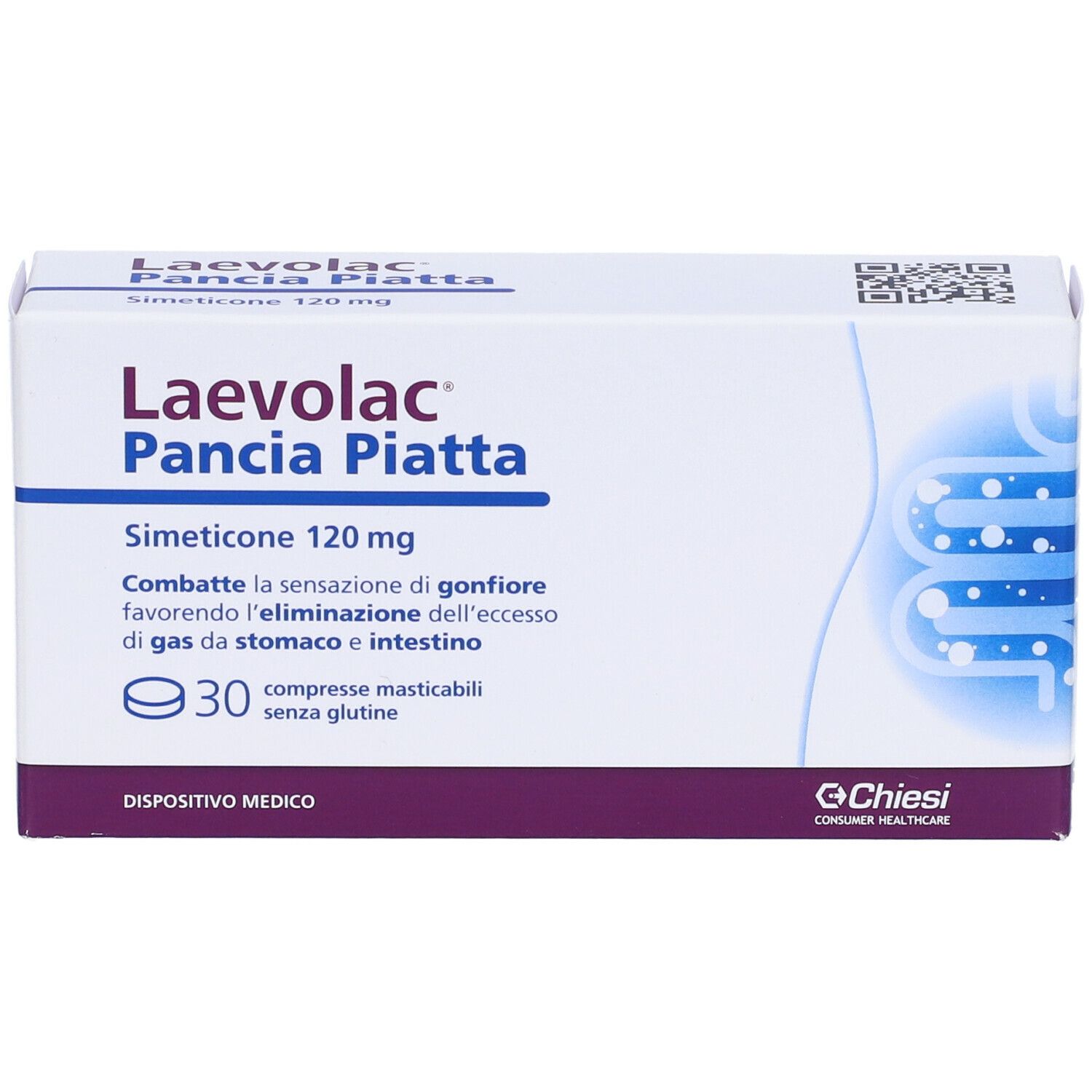Scatola di Laevolac Pancia Piatta. Contiene 30 compresse masticabili. Scritto: Simeticone 120 mg.