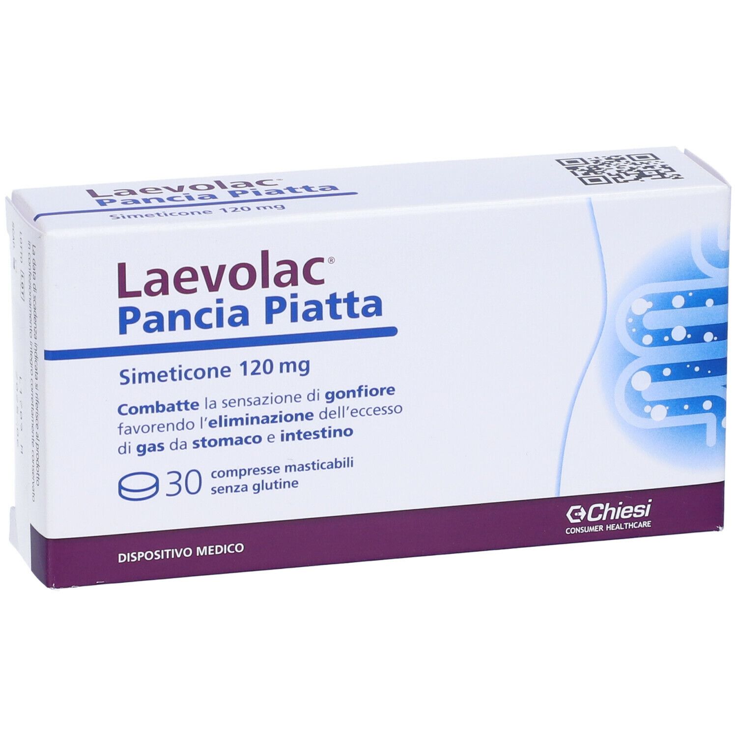Scatola di Laevolac Pancia Piatta. Contiene 30 compresse masticabili. Scritto: Simeticone 120 mg.