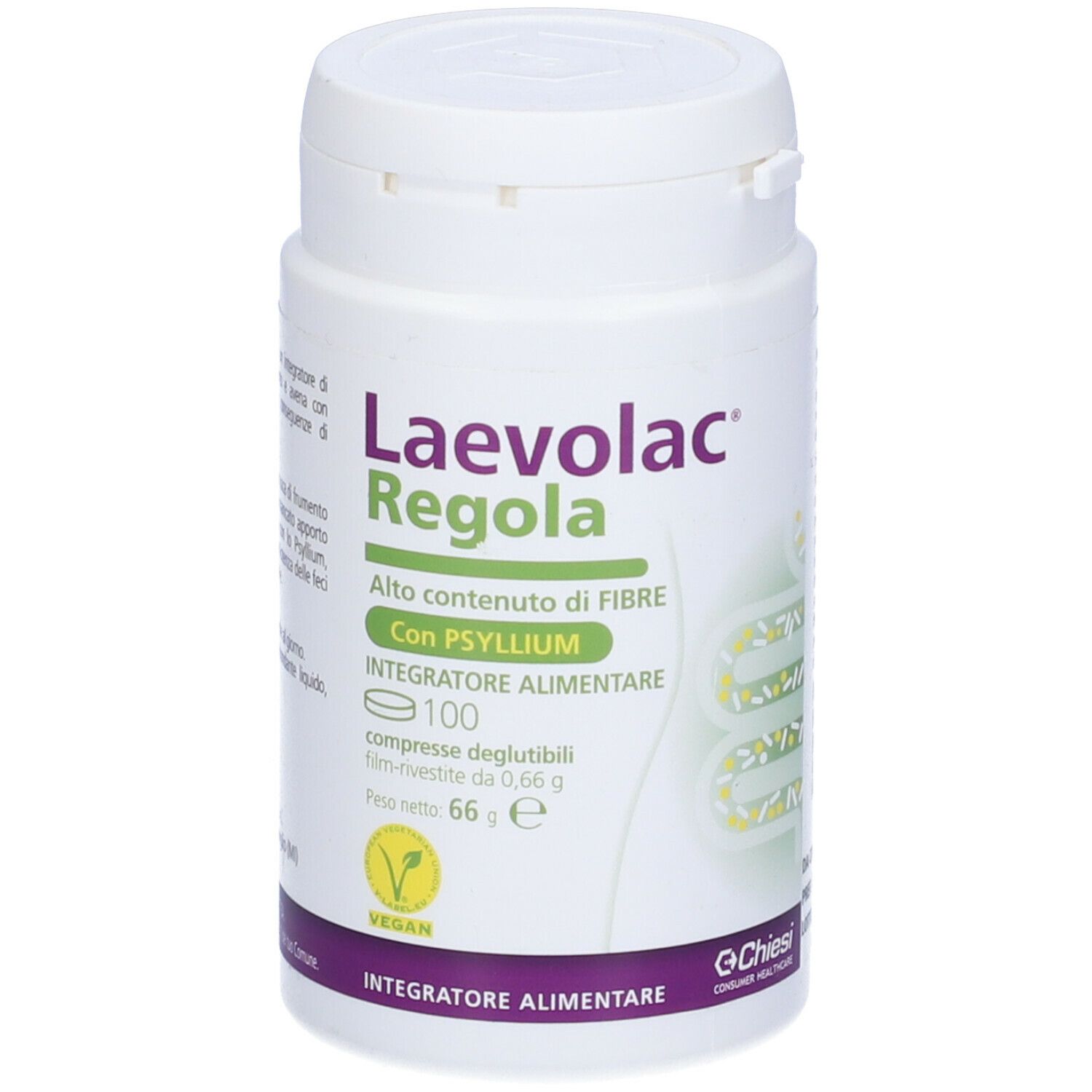 Flacone bianco Laevolac Regola. Contiene 100 compresse. Scritta 'Alto contenuto di FIBRE'. Sigillo vegano.