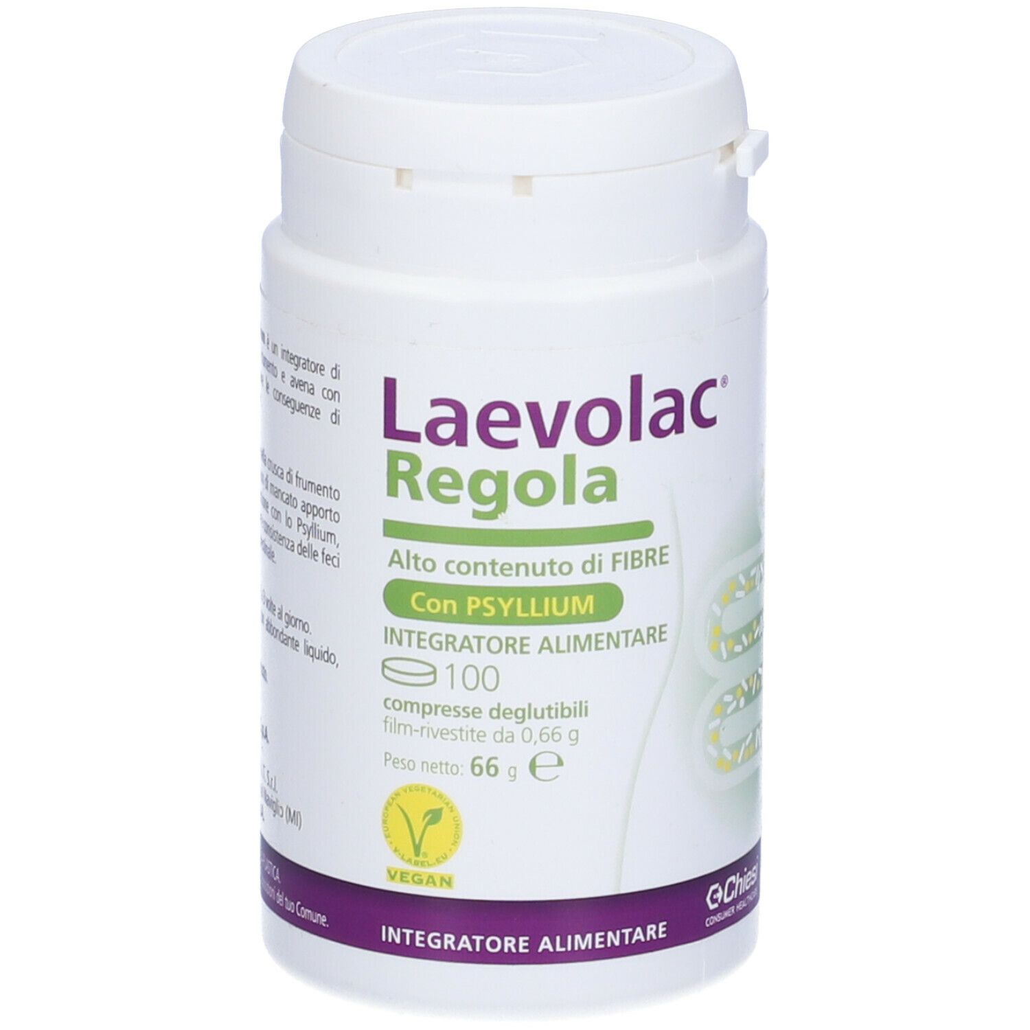 Flacone bianco Laevolac Regola. Contiene 100 compresse. Sigillo vegano. Primo piano.