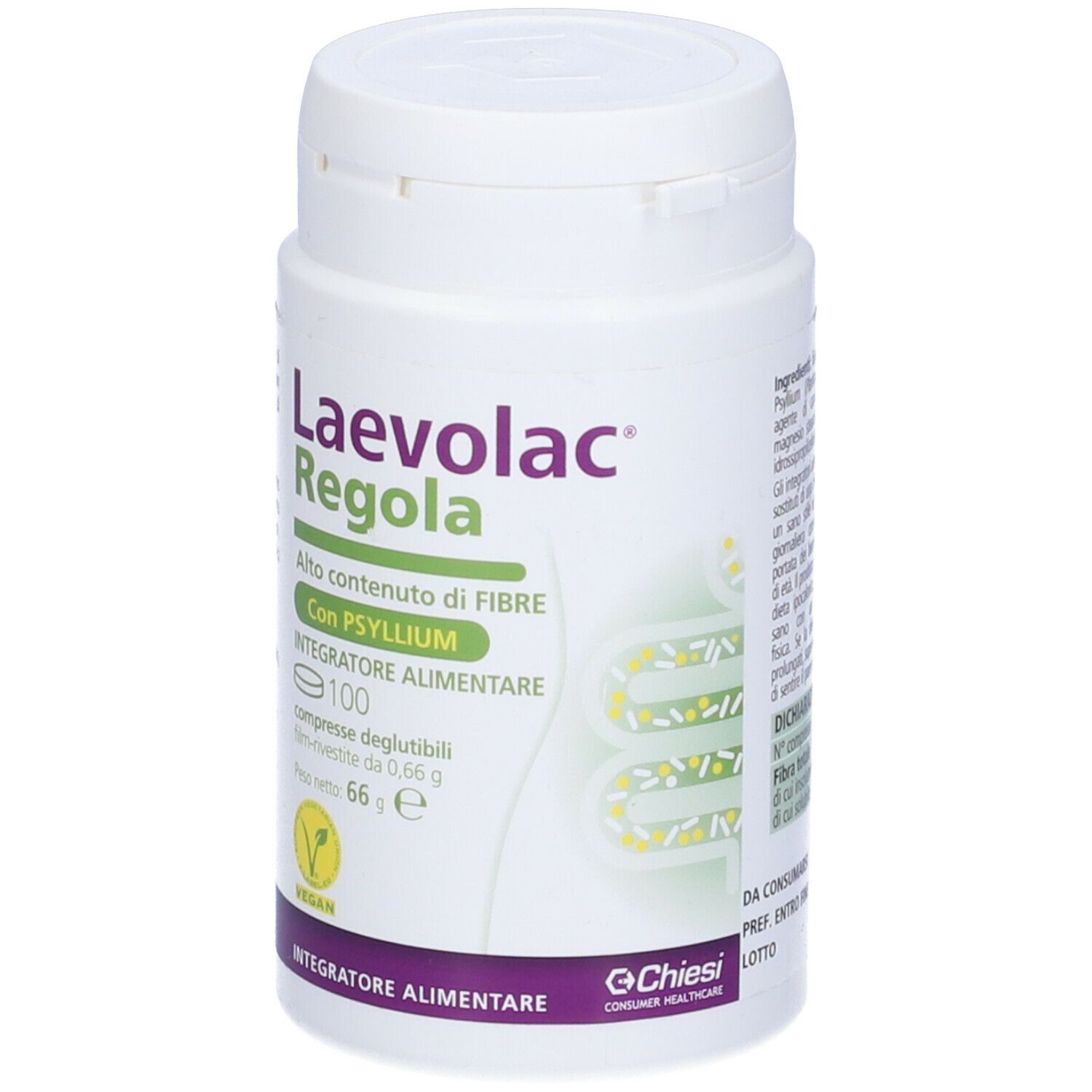 Flacone bianco Laevolac Regola. Contiene 100 compresse. Sigillo vegano. Primo piano.
