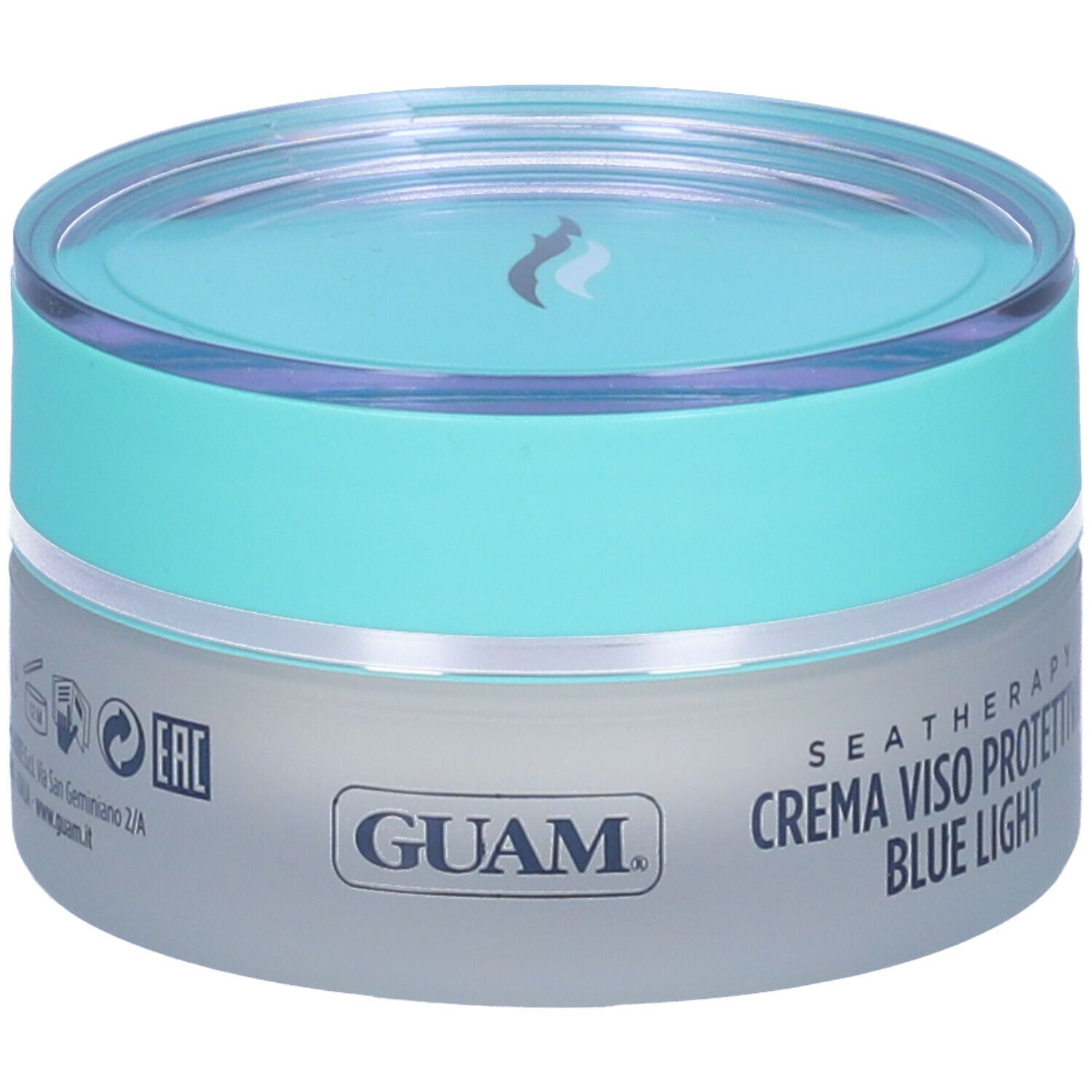 GUAM® Seatherapy Crema Viso Protettiva Blue Light. Vasetto, turchese e bianco. Coperchio con logo. Testo: nome prodotto, marchio.