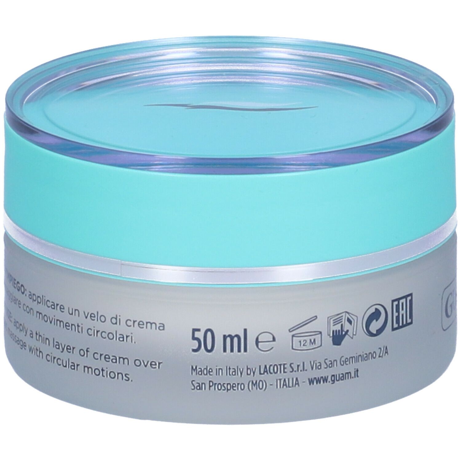 GUAM® Seatherapy Crema Viso Protettiva Blue Light. Vasetto, turchese e bianco. Testo: nome prodotto, istruzioni per l'uso, marchio.