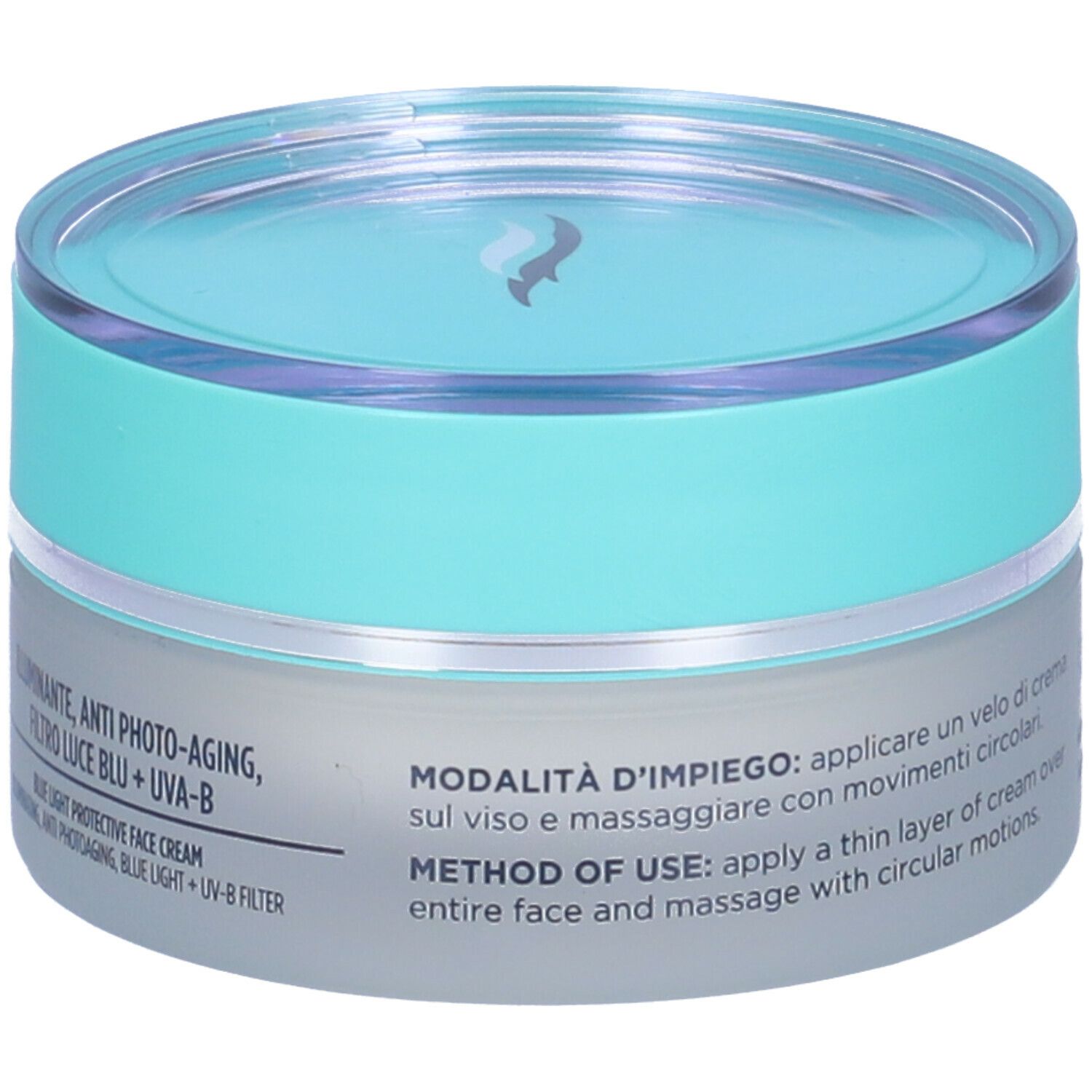 GUAM® Seatherapy Crema Viso Protettiva Blue Light. Vasetto, turchese e bianco. Testo: nome prodotto, ingredienti, marchio.