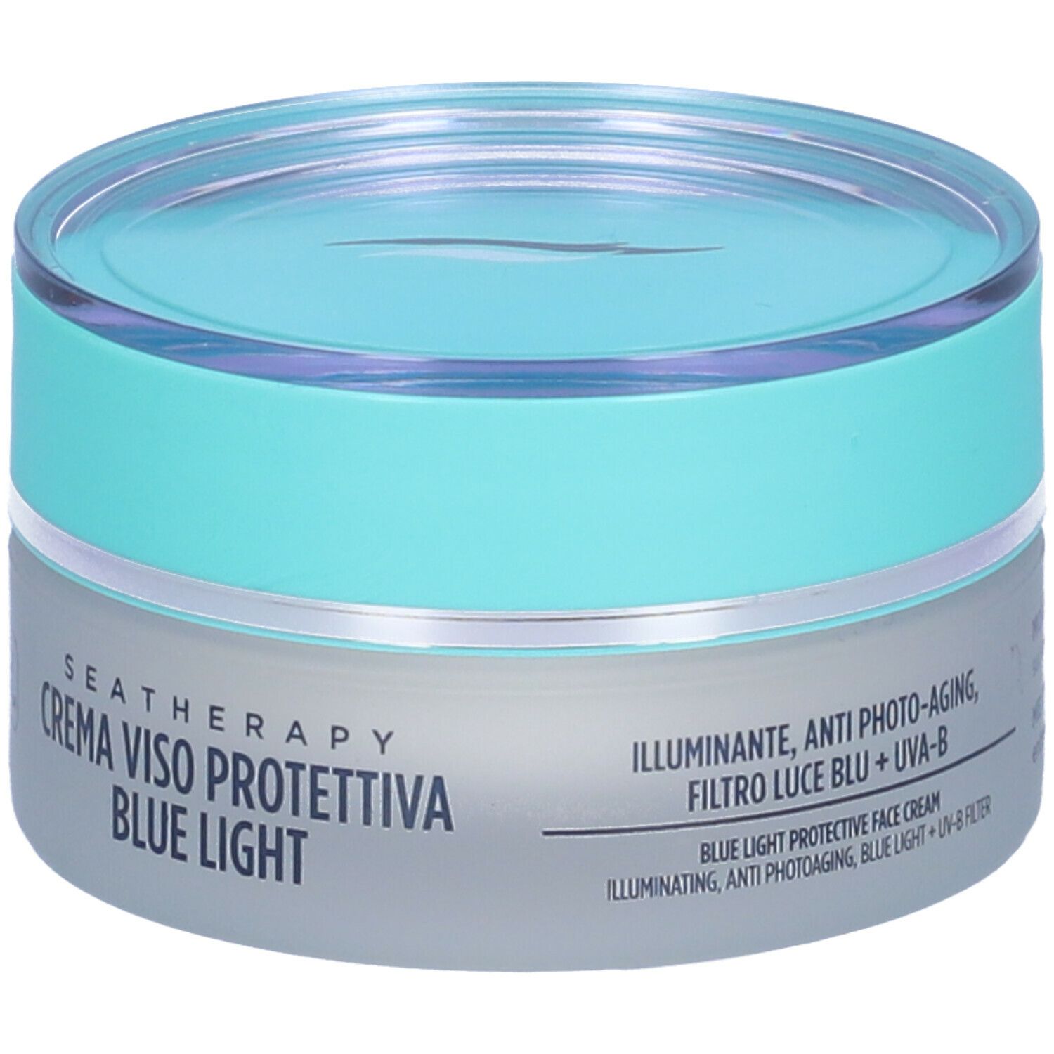 GUAM® Seatherapy Crema Viso Protettiva Blue Light. Vasetto, turchese e bianco. Testo: nome prodotto, ingredienti, marchio.