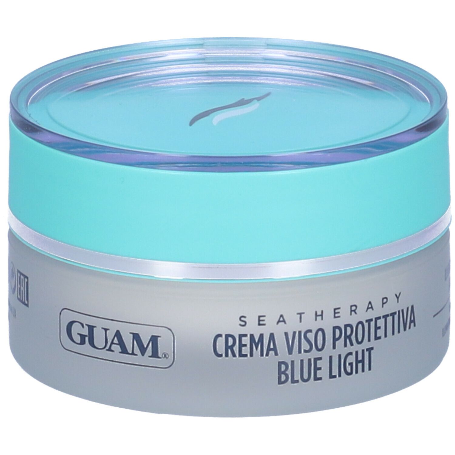GUAM® Seatherapy Crema Viso Protettiva Blue Light. Vasetto, turchese e bianco. Testo: nome prodotto, ingredienti, marchio.