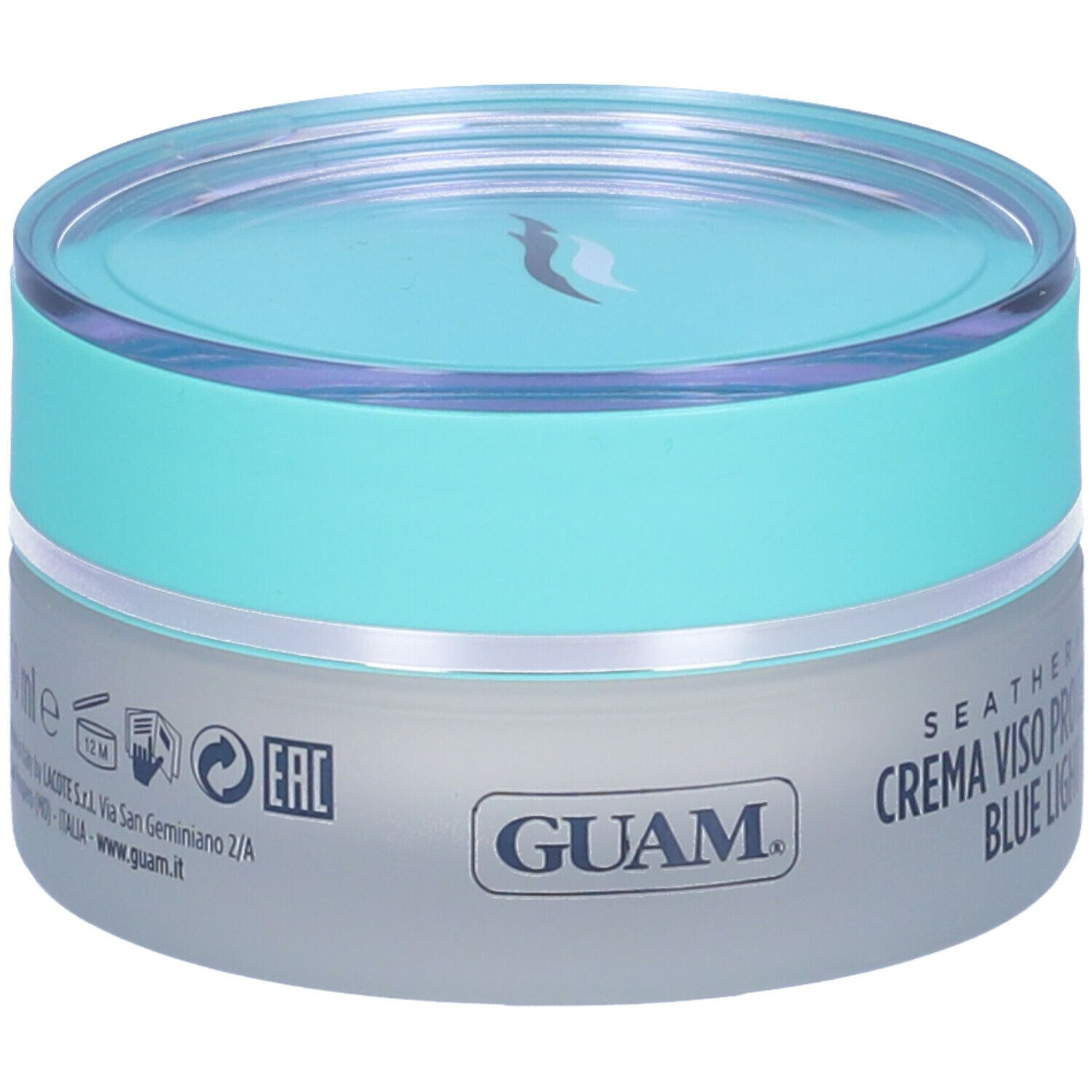 GUAM® Seatherapy Crema Viso Protettiva Blue Light. Vasetto, turchese e bianco. Testo: nome prodotto, marchio, loghi.