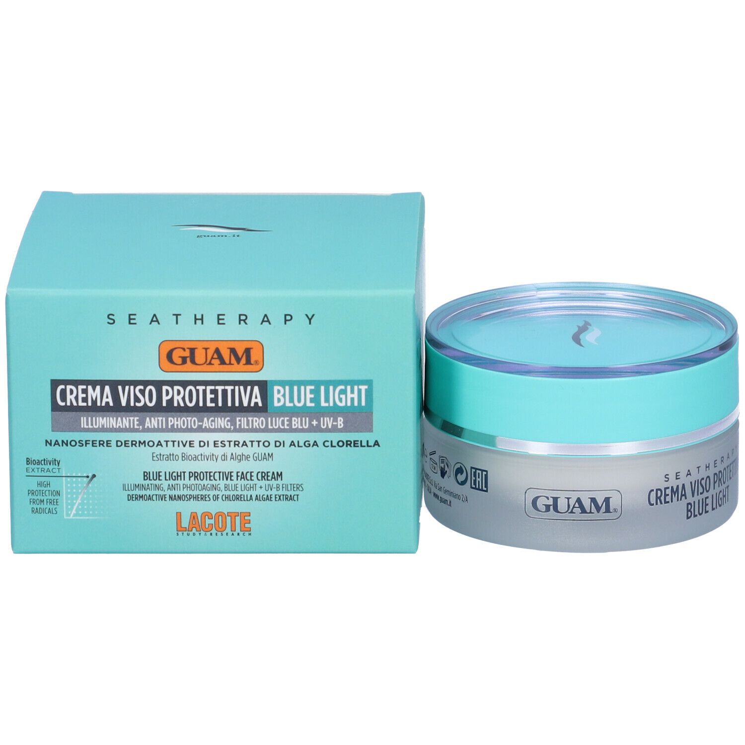 GUAM® Seatherapy Crema Viso Protettiva Blue Light. Scatola e vasetto. Turchese e bianco. Testo: nome prodotto, ingredienti, marchio.