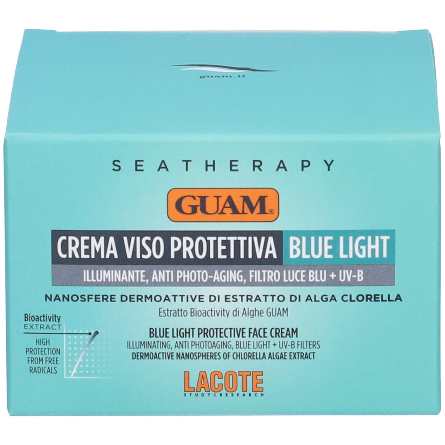 GUAM® Seatherapy Crema Viso Protettiva Blue Light. Scatola, turchese e bianco. Testo: nome prodotto, ingredienti, marchio.