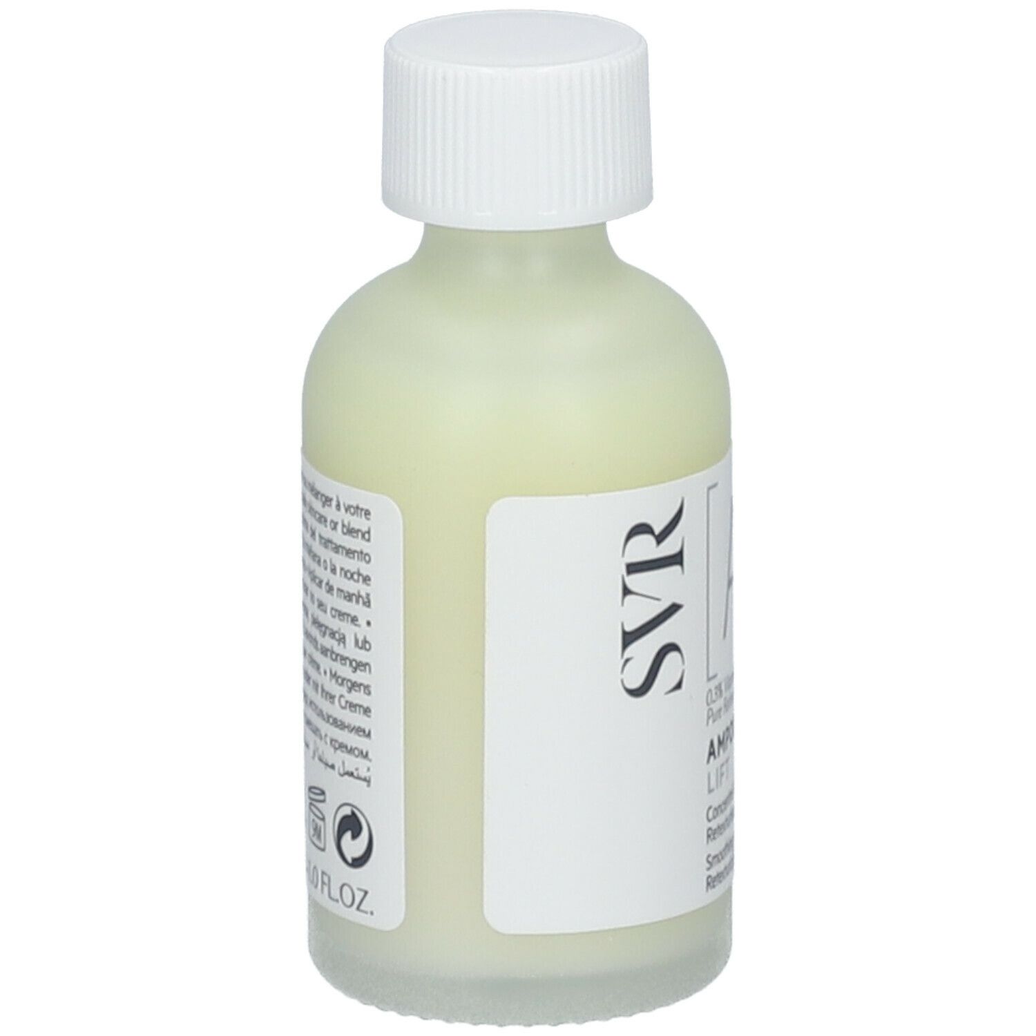 Flacone con tappo bianco. Etichetta "SVR" e "A".