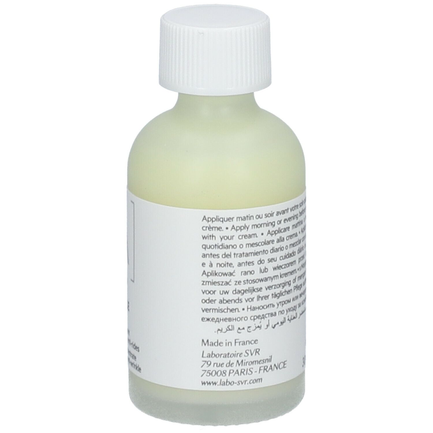 Flacone con tappo bianco. Etichetta "SVR" e "A".