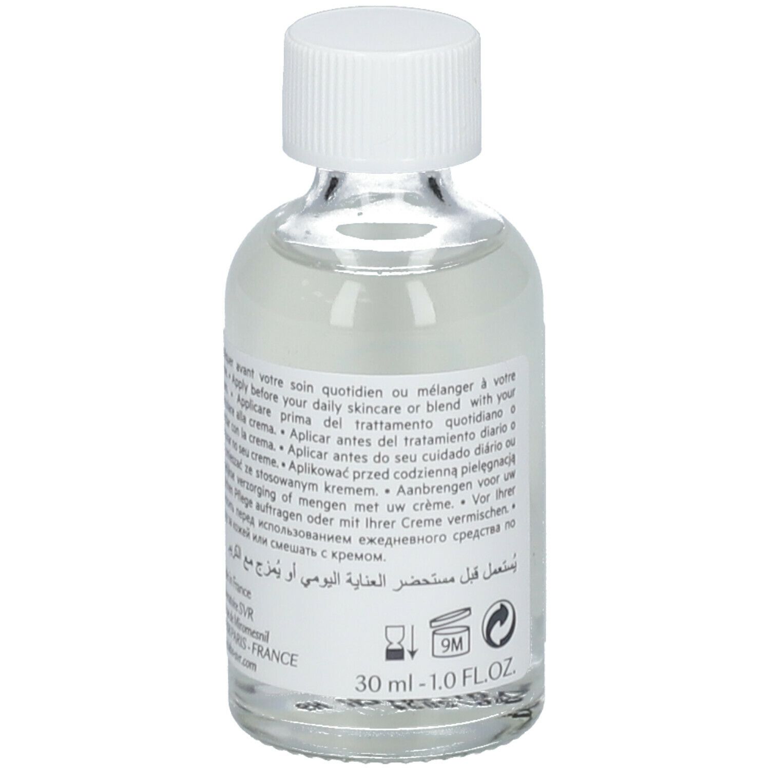 Retro di un flacone di vetro trasparente con tappo bianco. Etichetta con testo e 30 ml.