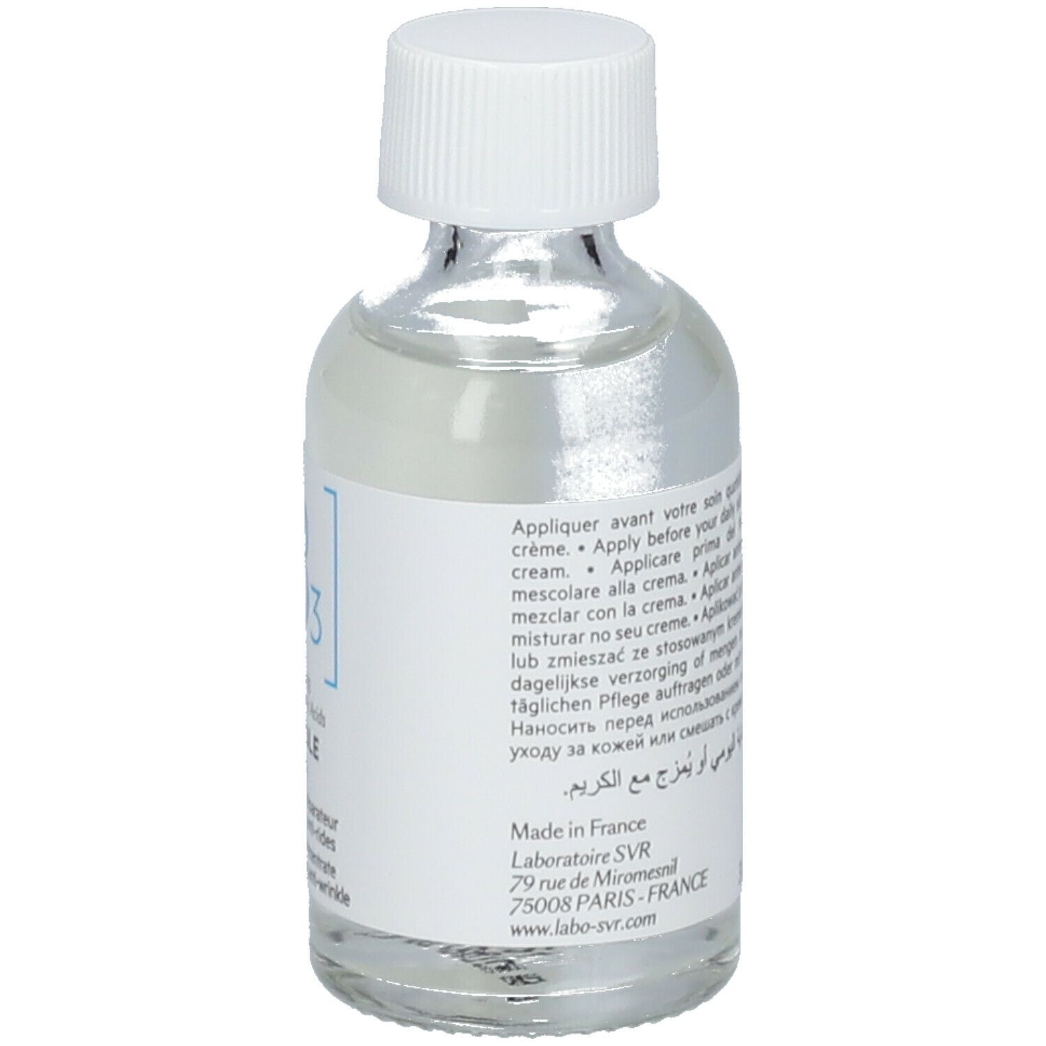 Retro di un flacone di vetro trasparente con tappo bianco. Etichetta con testo, 30 ml e indirizzo.