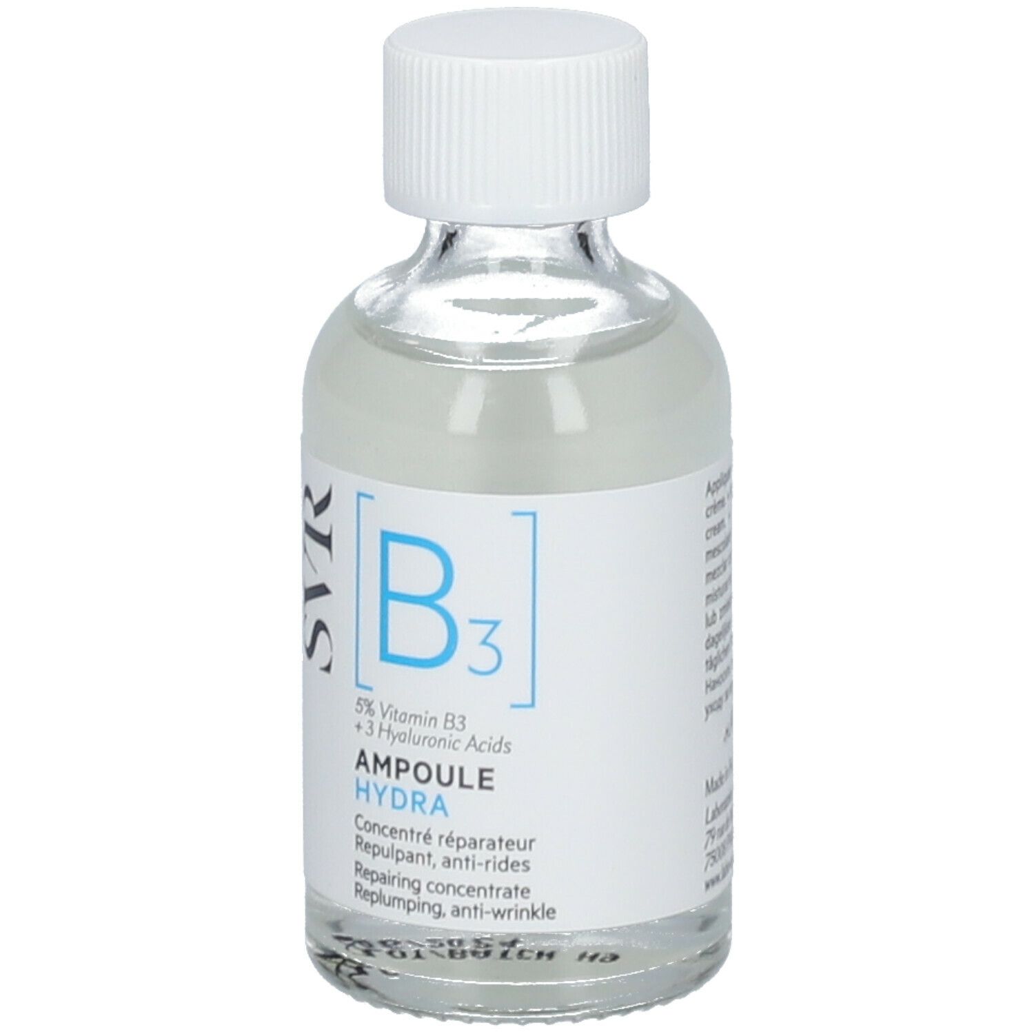 Flacone di vetro trasparente con tappo bianco. Etichetta blu: SVR B3 Ampoule Hydra.