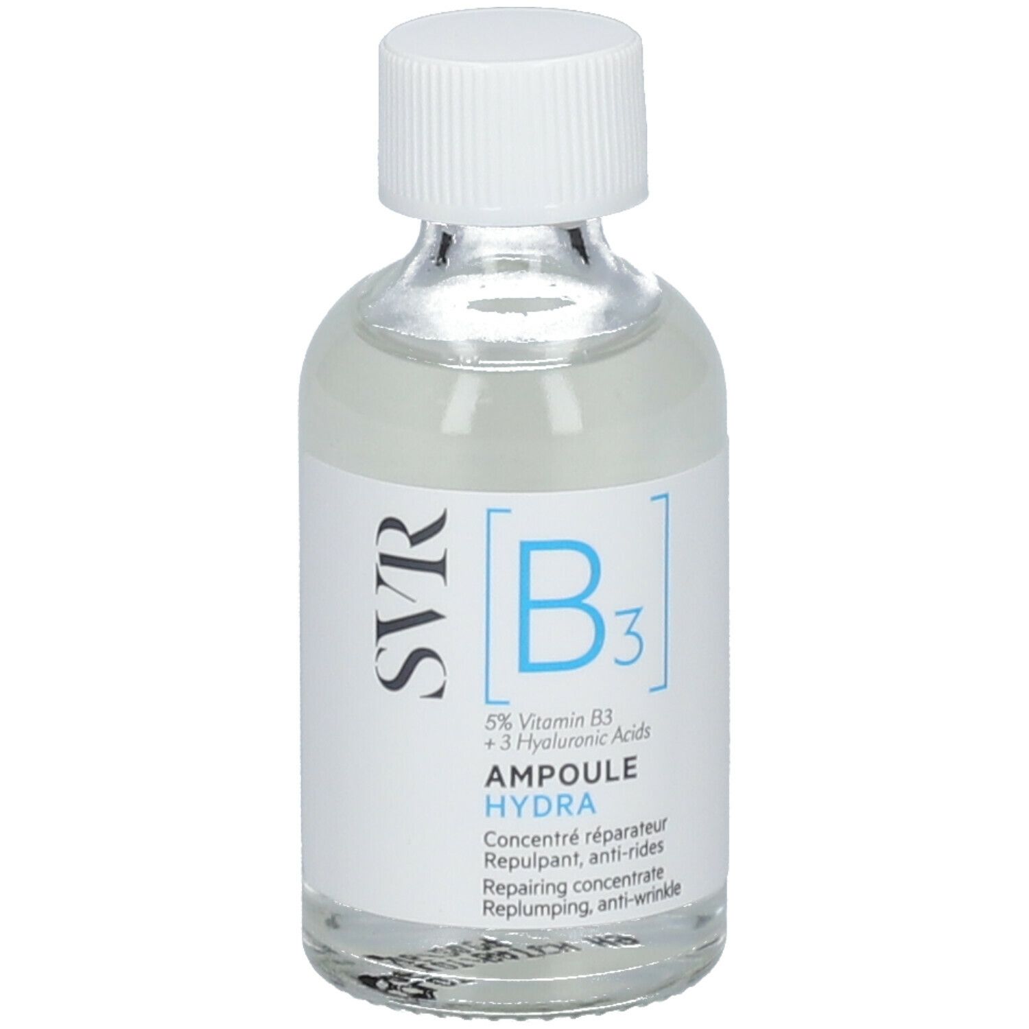 Flacone di vetro trasparente con tappo bianco. Etichetta blu: SVR B3 Ampoule Hydra.