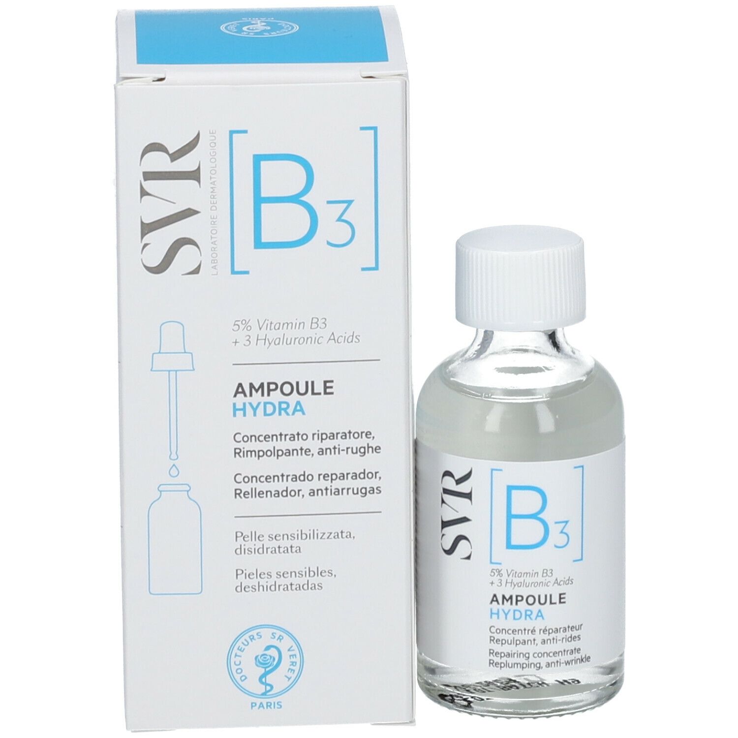 Confezione e flacone. Scatola bianca con testo blu: SVR B3 Ampoule Hydra.