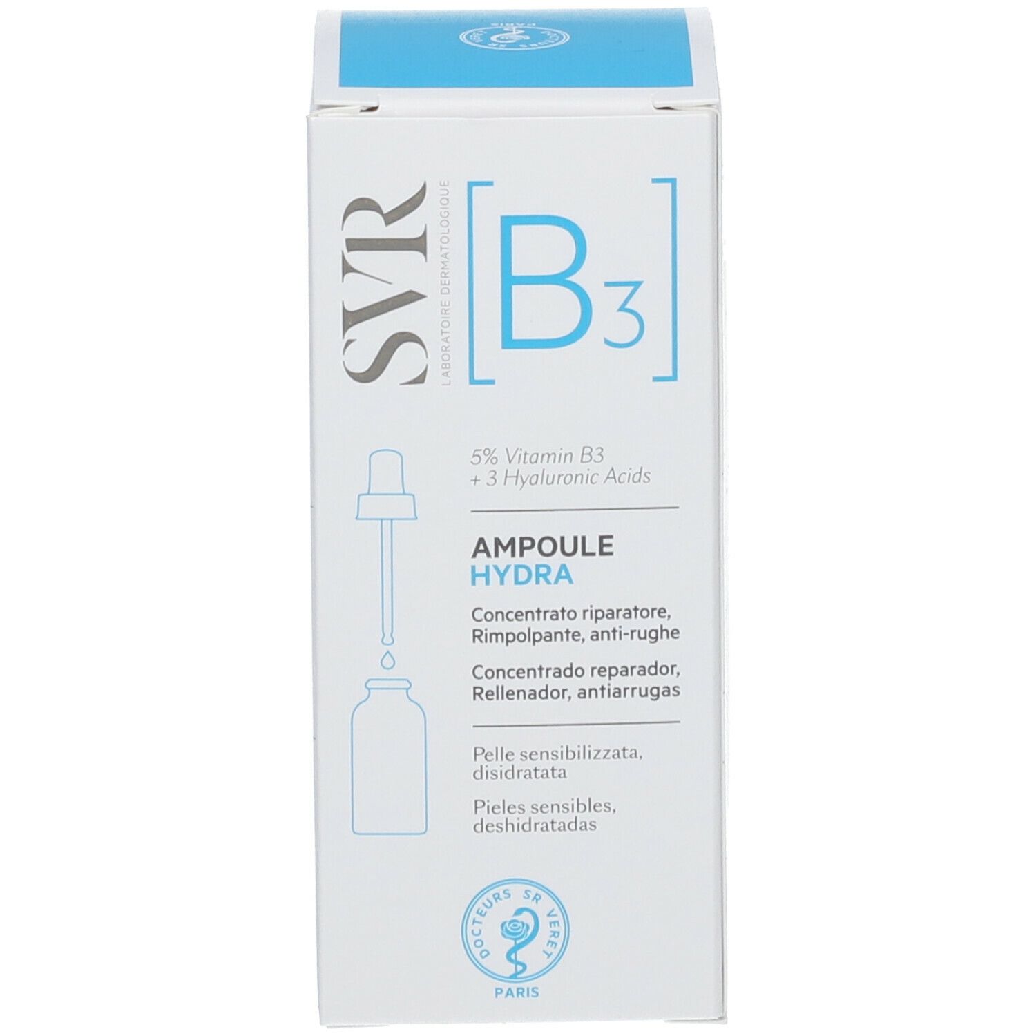 Scatola bianca con testo blu: SVR B3 Ampoule Hydra. Illustrazione di un'ampolla.