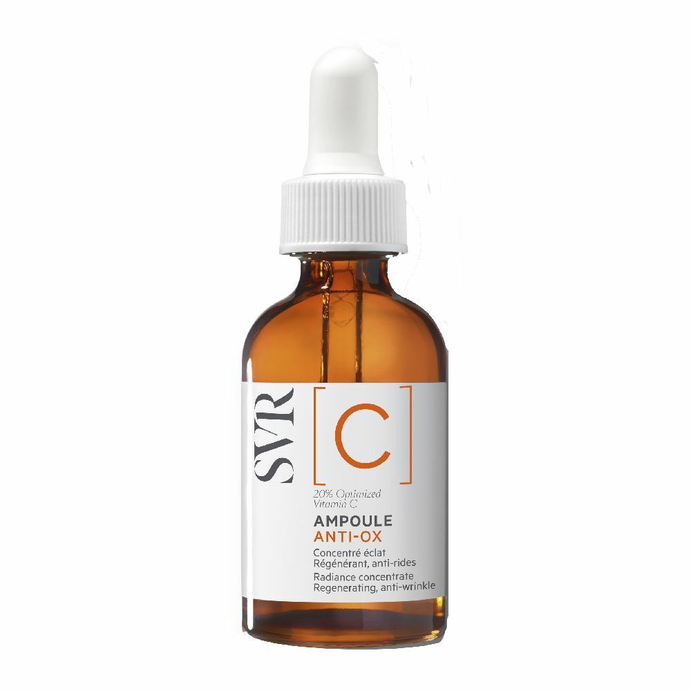 Flacone di vetro marrone con pipetta. Scritta: SVR, C, Ampoule Anti-Ox. Contiene il 20% di vitamina C.