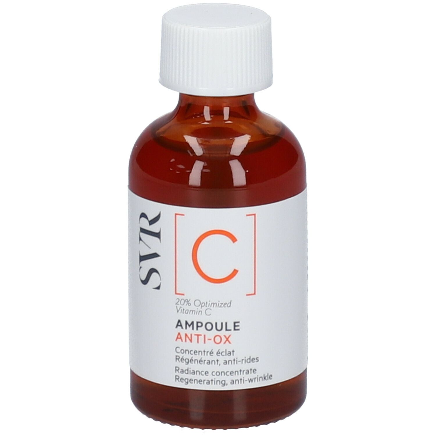 Flacone di vetro marrone con tappo bianco. Scritta: SVR, C, Ampoule Anti-Ox. Contiene il 20% di vitamina C.