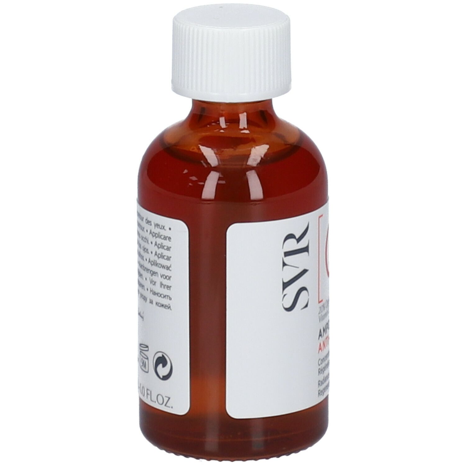 Flacone di vetro marrone con tappo bianco. Scritta: SVR, C, Ampoule Anti-Ox. Testo sul retro.