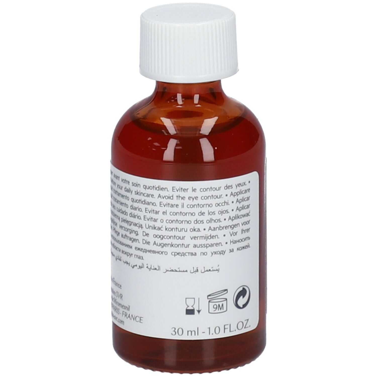 Flacone di vetro marrone con tappo bianco. Scritta: SVR, C, Ampoule Anti-Ox. Testo e simboli sul retro.