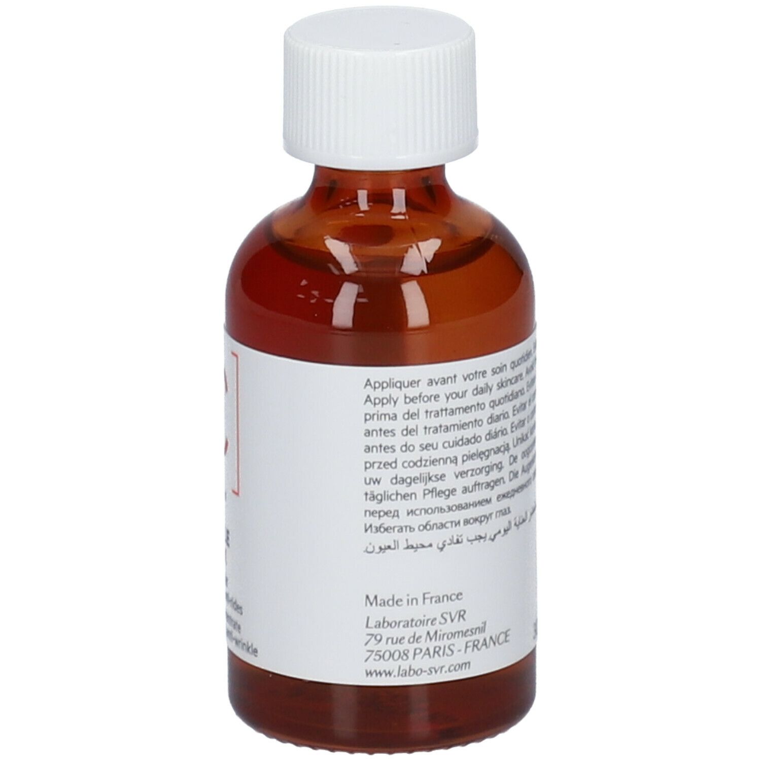 Flacone di vetro marrone con tappo bianco. Scritta: SVR, C, Ampoule Anti-Ox. Testo e simboli sul retro.