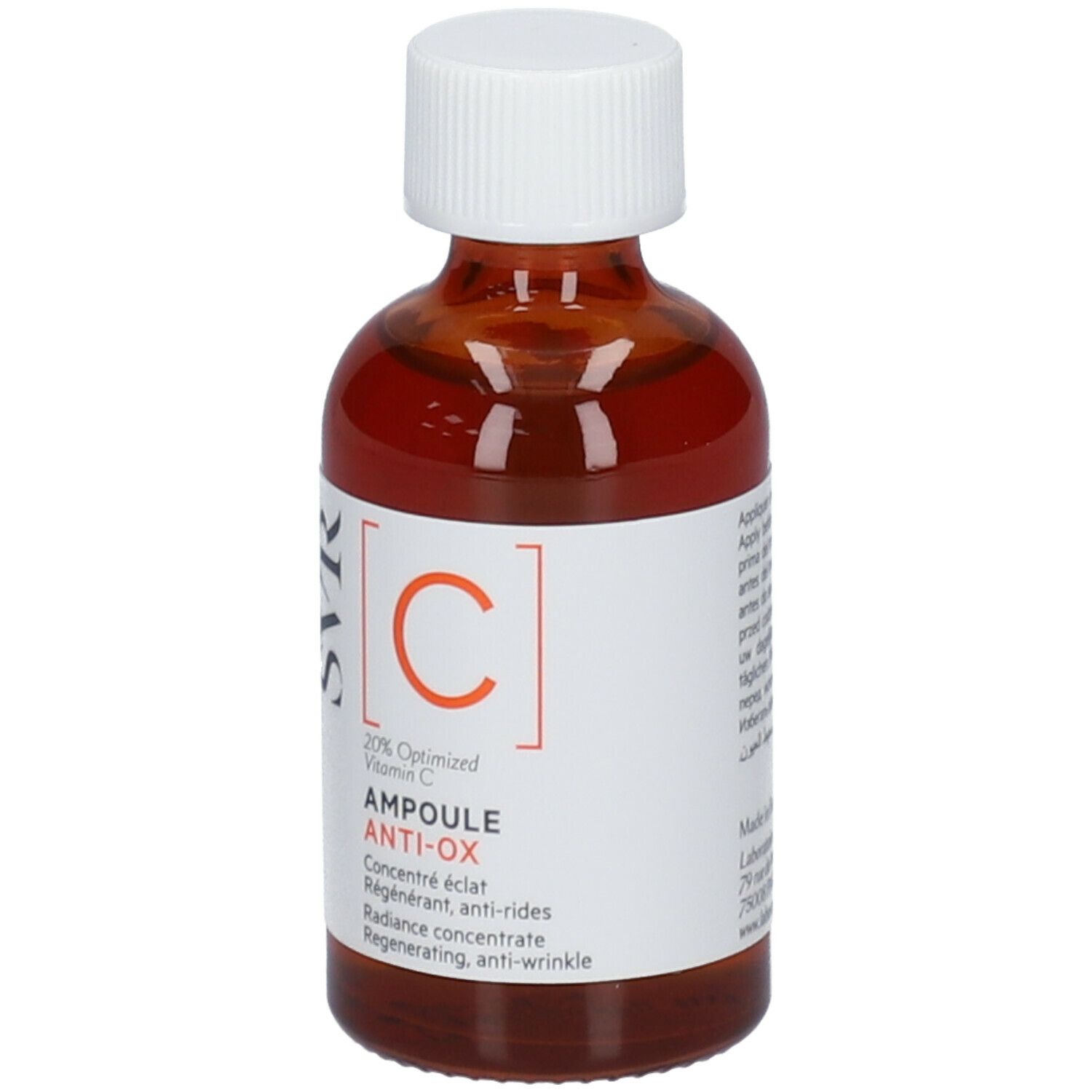 Flacone di vetro marrone con tappo bianco. Scritta: SVR, C, Ampoule Anti-Ox. Contiene il 20% di vitamina C.