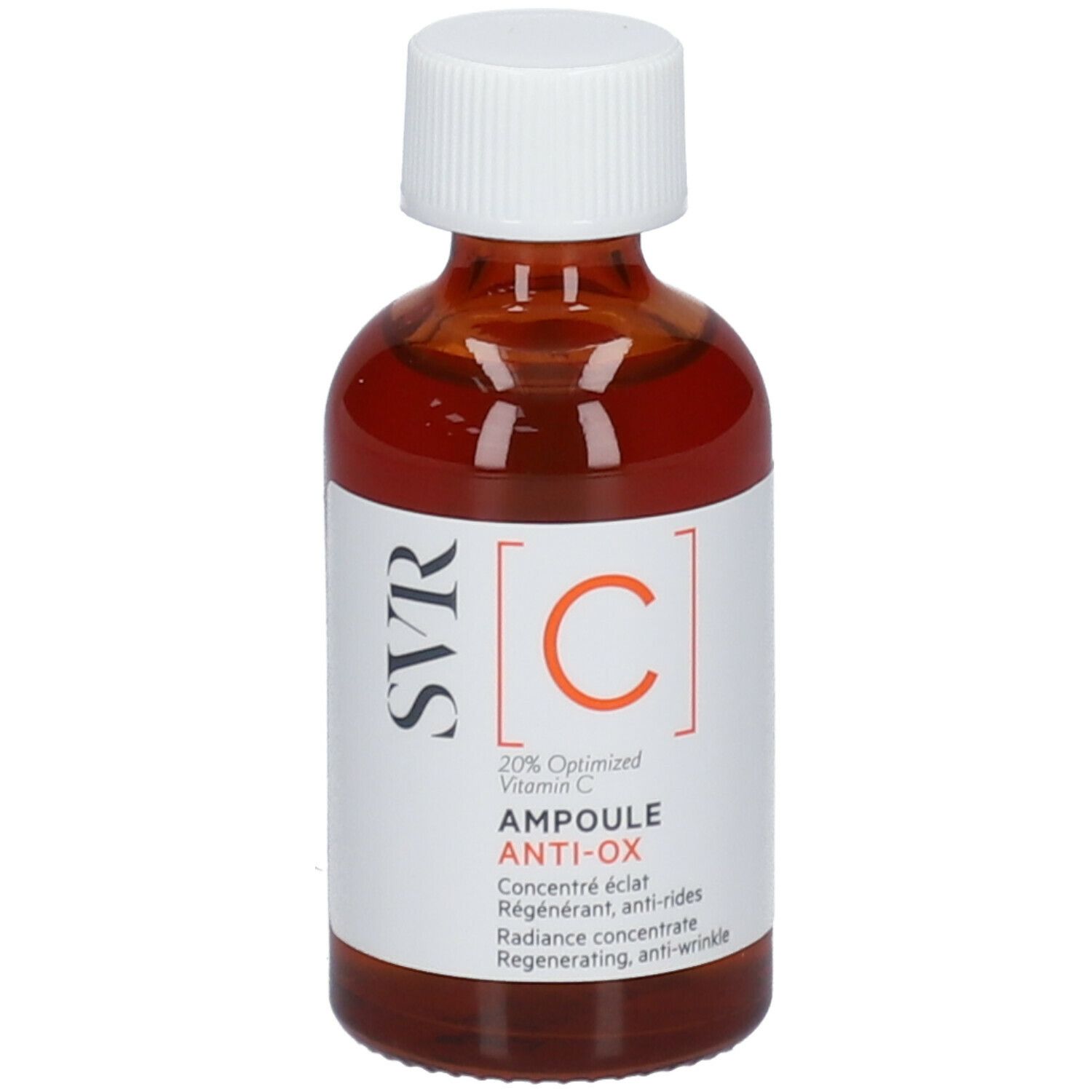 Flacone di vetro marrone con tappo bianco. Scritta: SVR, C, Ampoule Anti-Ox. Contiene il 20% di vitamina C.