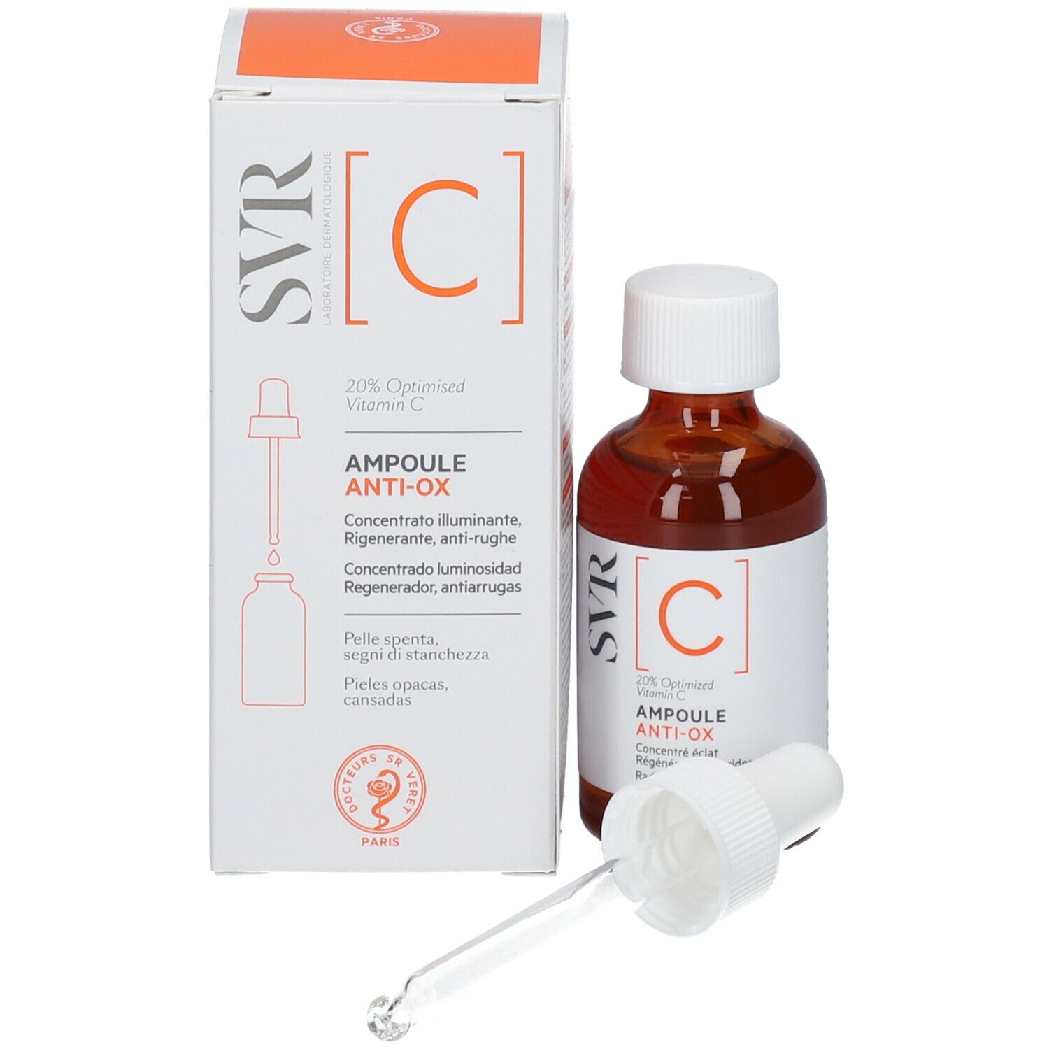 Confezione del prodotto con flacone e pipetta. Scritta: SVR, C, Ampoule Anti-Ox. Contiene il 20% di vitamina C.