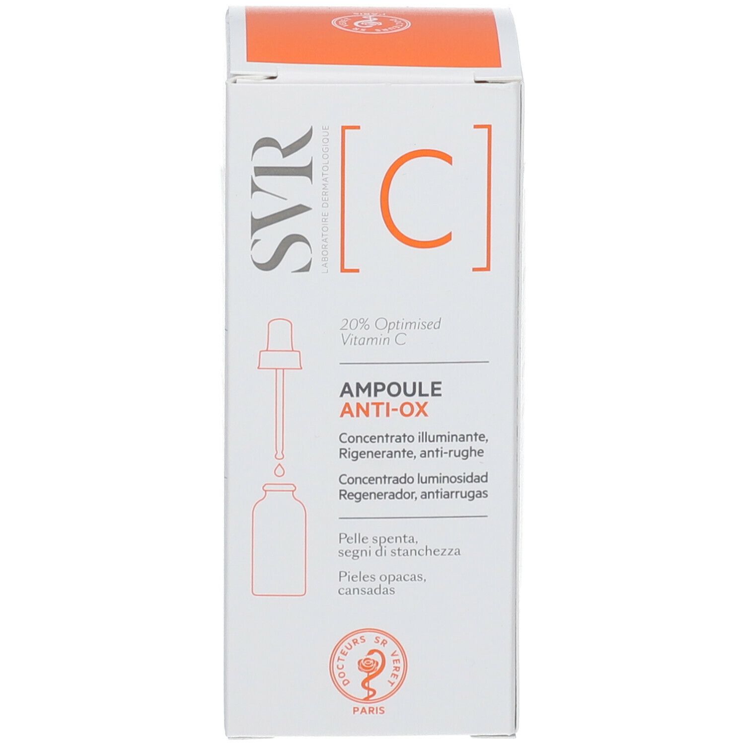 Confezione del prodotto. Scritta: SVR, C, Ampoule Anti-Ox. Contiene il 20% di vitamina C. Con pipetta.