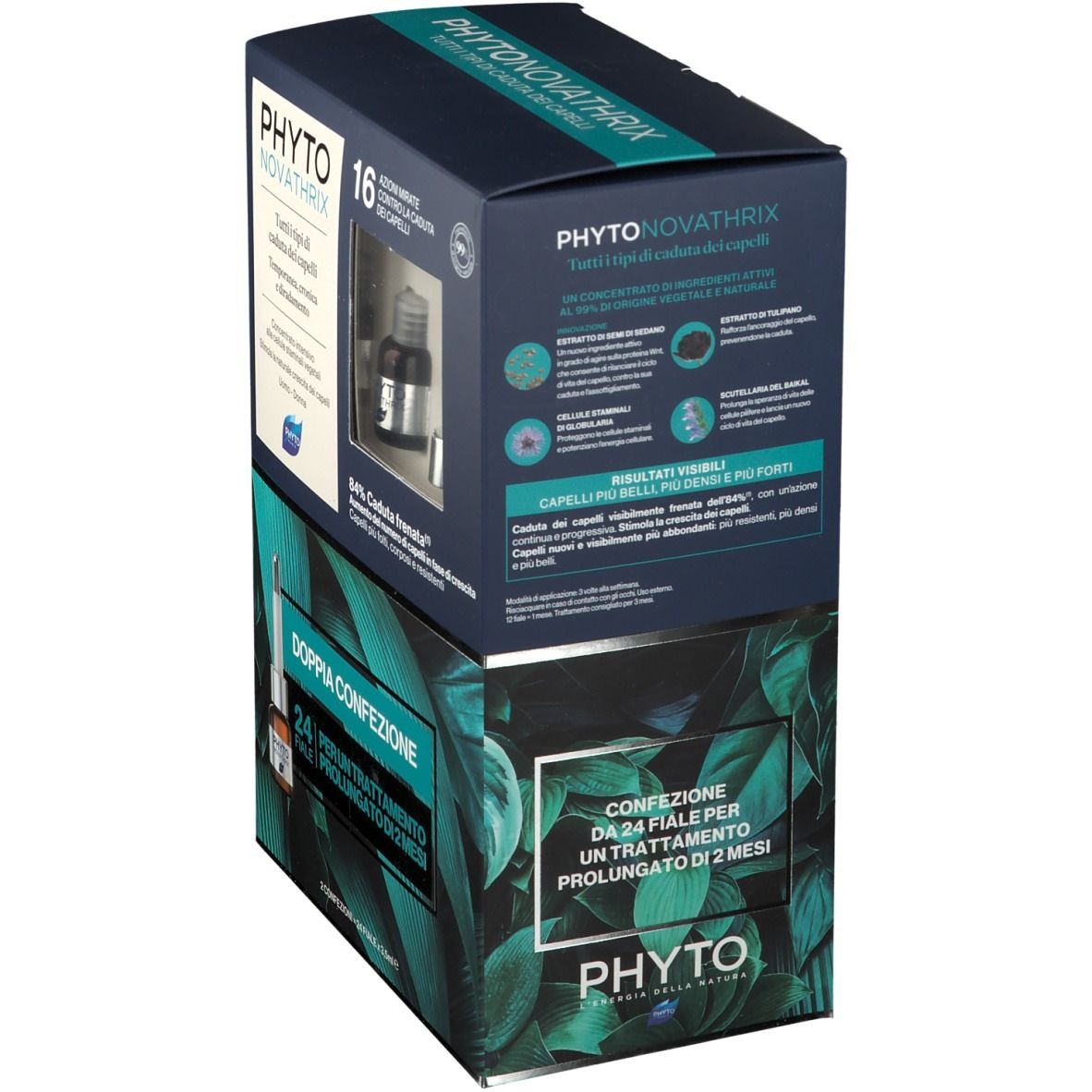 PHYTONOVATRIX Doppelpackung. Enthält Fläschchen und Applikator. Text: 'Doppia Confezione'.