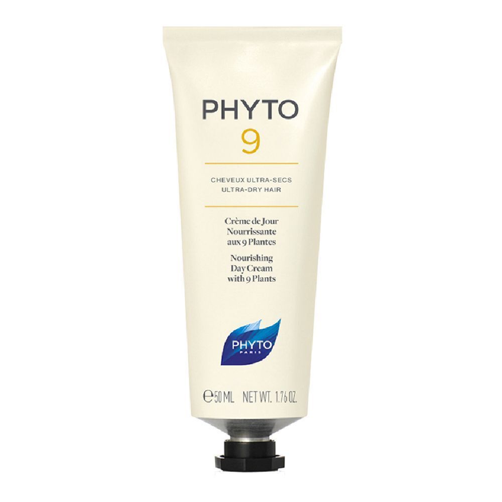 Creme-Tube PHYTO 9. Weiße Tube mit schwarzem Verschluss. Aufschrift: PHYTO 9, ultra-trockenes Haar. 50 ml.