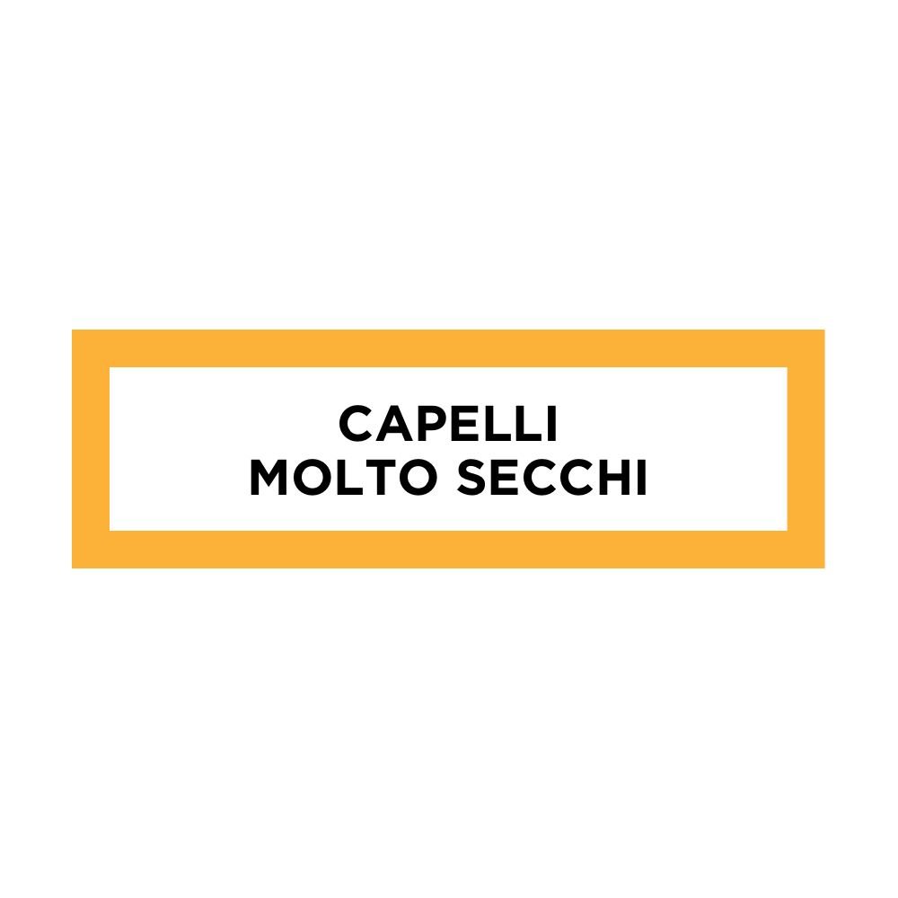 Gelber Balken mit weißem Text: CAPELLI MOLTO SECCHI (sehr trockenes Haar).