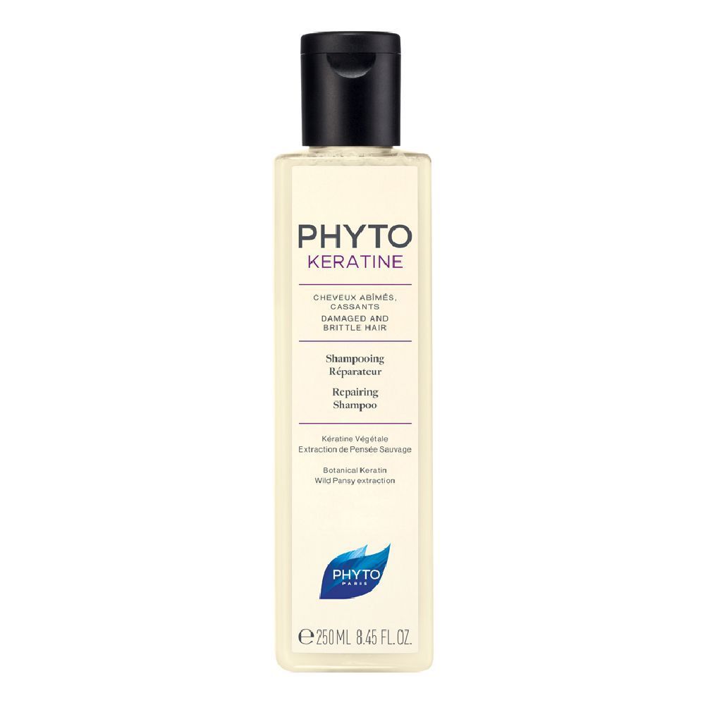 Flacone rettangolare con tappo nero. Scritta: PHYTO KERATINE, Shampooing Réparateur. 250ml.
