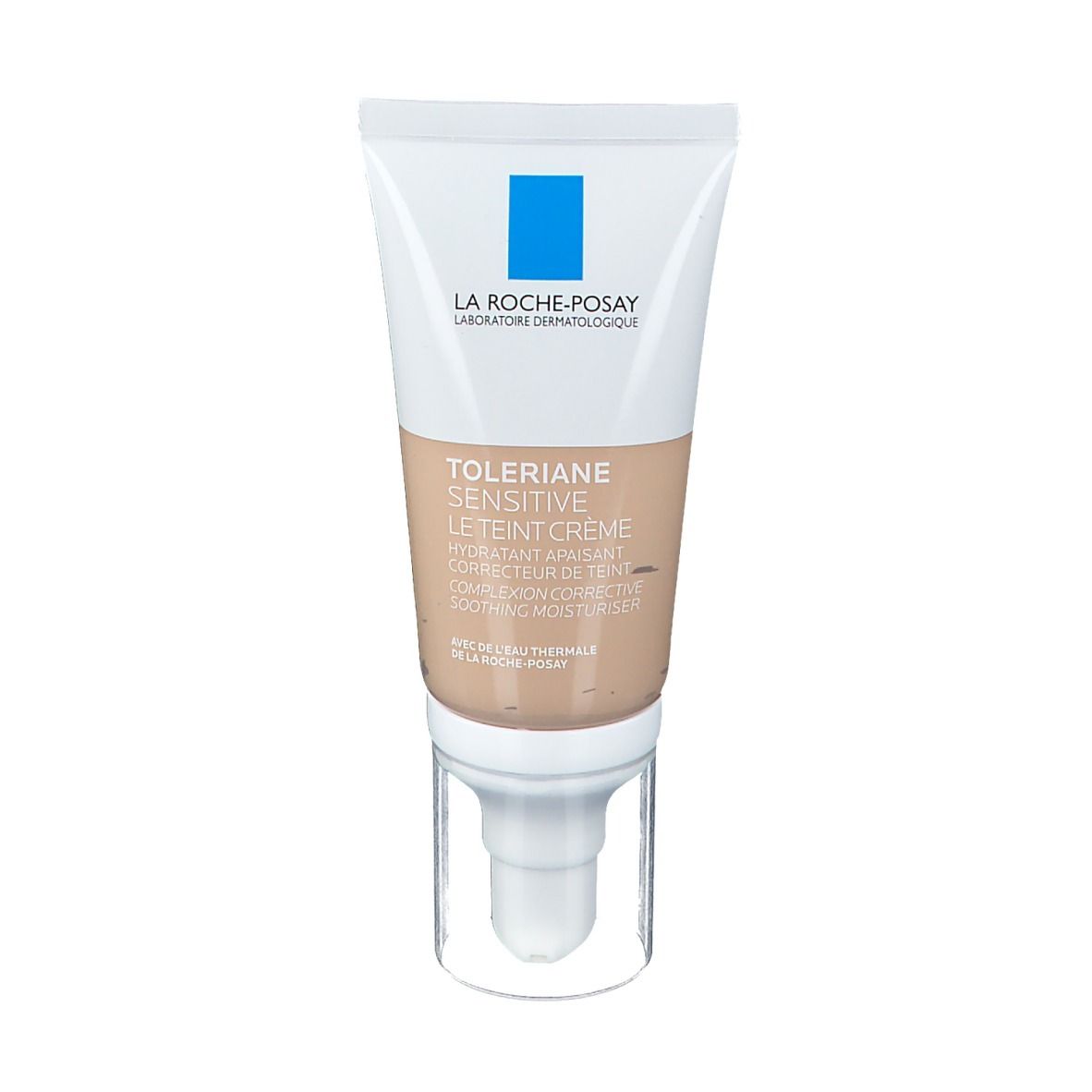 Creme-Tube mit Produktnamen und Logo. Beige Creme-Farbe. Mit Spender und transparentem Verschluss.