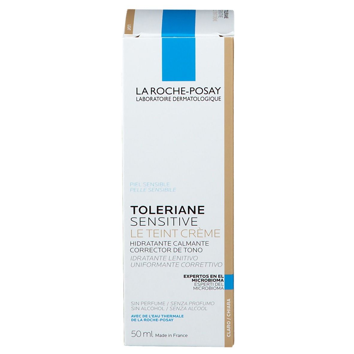 Produktverpackung. Produktname und Logo. Informationen und Inhaltsstoffe. Beige und weiß.