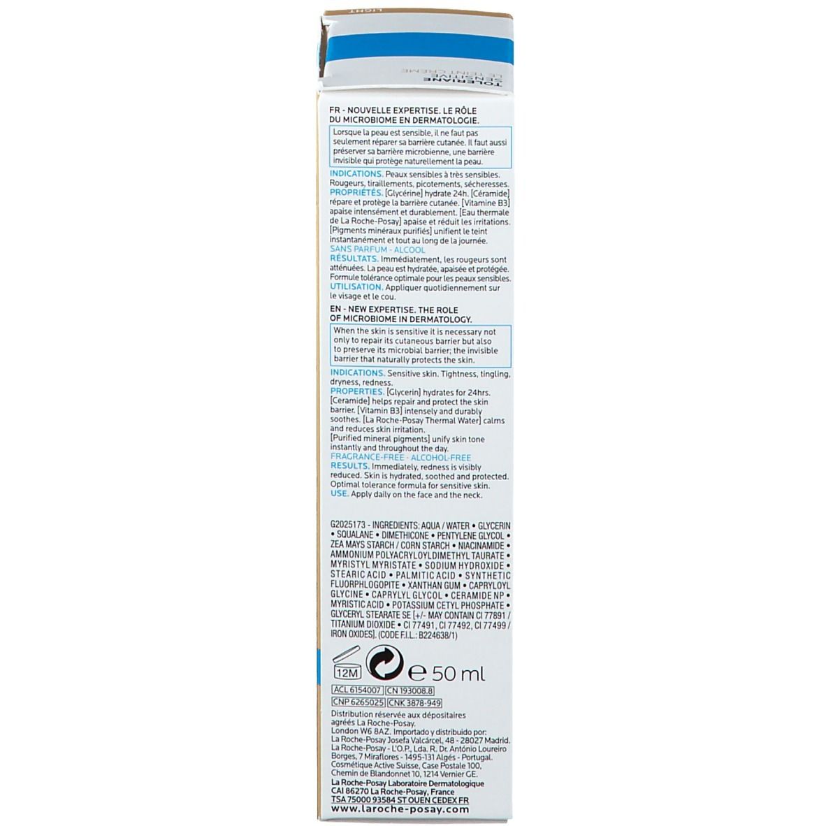 Produktverpackung. Text auf der Verpackung. Informationen und Inhaltsstoffe. Beige und weiß.