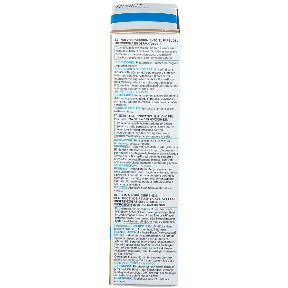 Produktverpackung. Text auf der Verpackung. Informationen und Inhaltsstoffe. Beige und weiß.