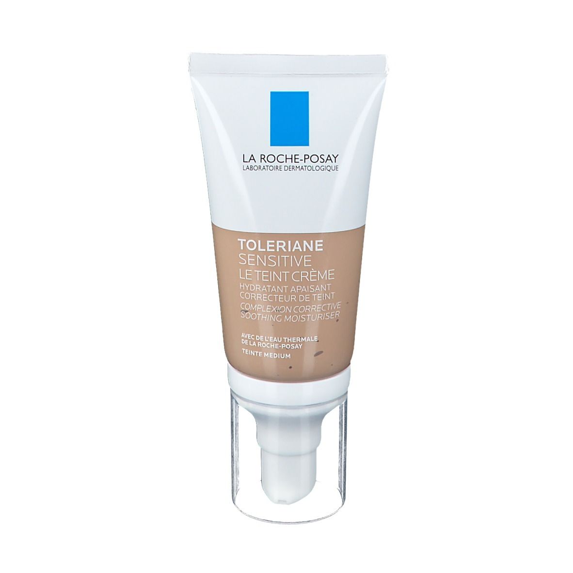 Creme-Tube mit Dosierpumpe. Weißes Tube mit blauem Logo und Produktbezeichnung. Farbton: Medium.
