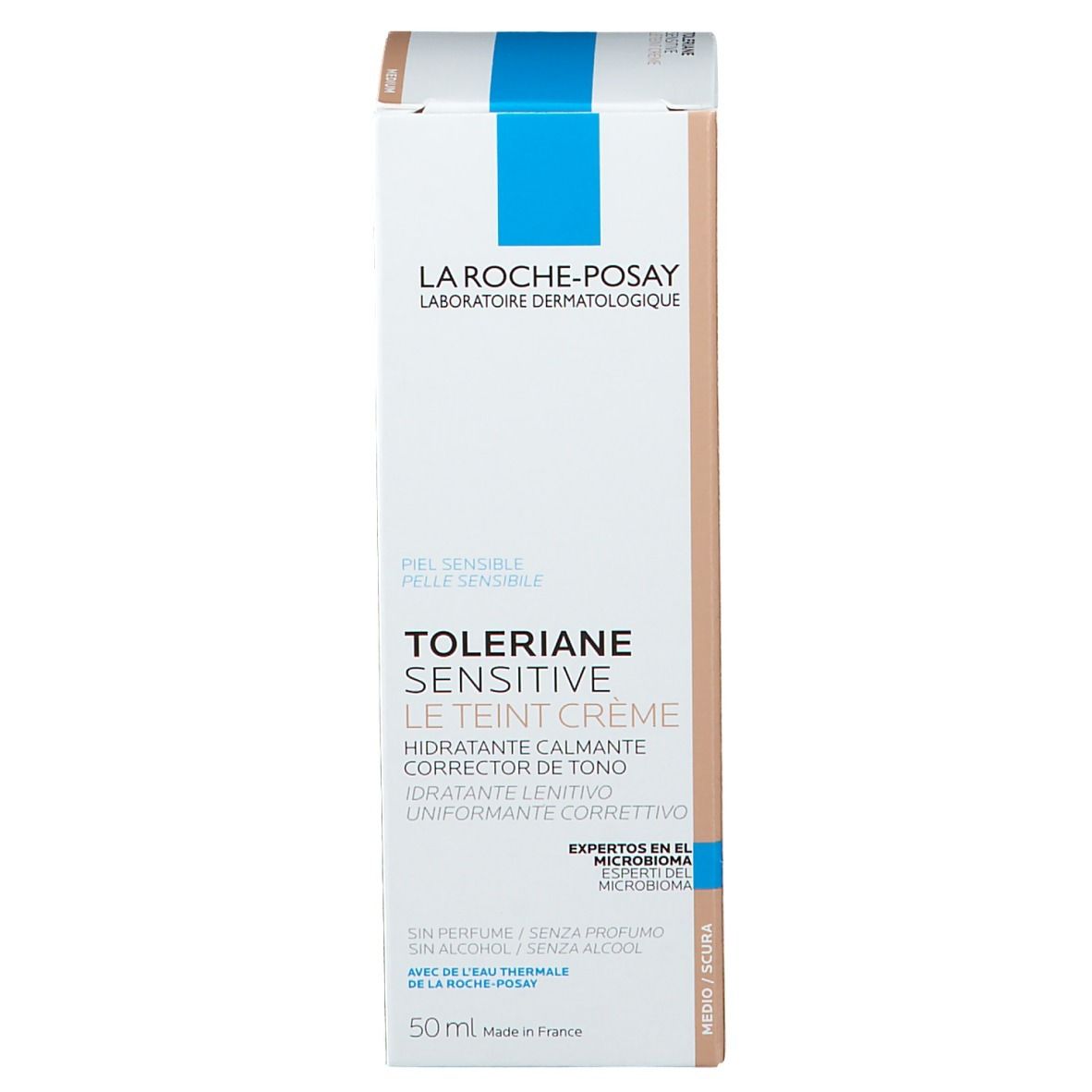 Produktverpackung. Weißer Karton mit blauem Logo und Produktbezeichnung. Farbton: Medium.