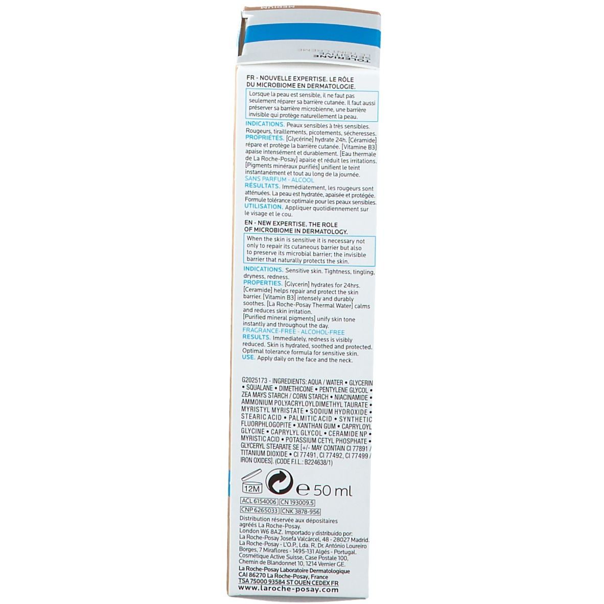 Rückseite der Produktverpackung. Textinformationen und Symbole. Farbton: Medium.