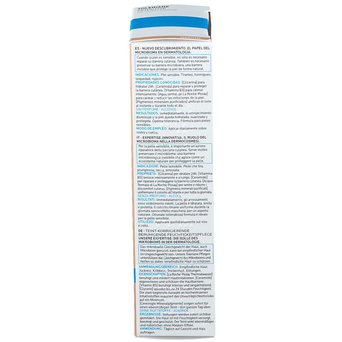 Rückseite der Produktverpackung. Textinformationen und Symbole. Farbton: Medium.