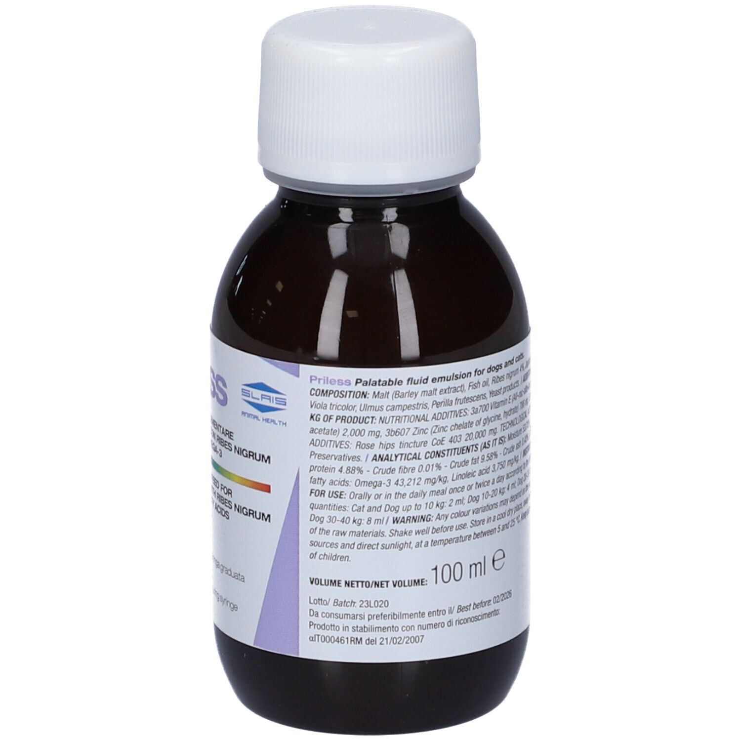PriLess Ergänzungsfuttermittel für Hunde und Katzen, 100 ml Flasche mit Messspritze.