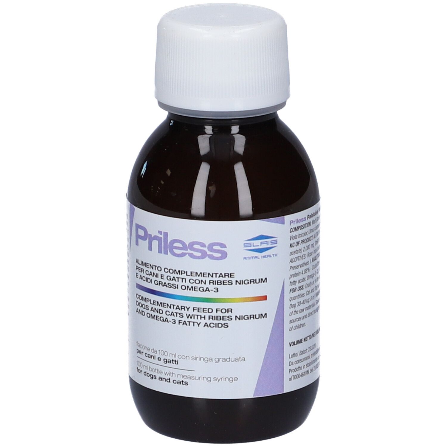 Braune Glasflasche mit weißem Schraubverschluss, Etikett mit 'PriLess' und 'Complementary Feed for Dogs and Cats'. 100ml.